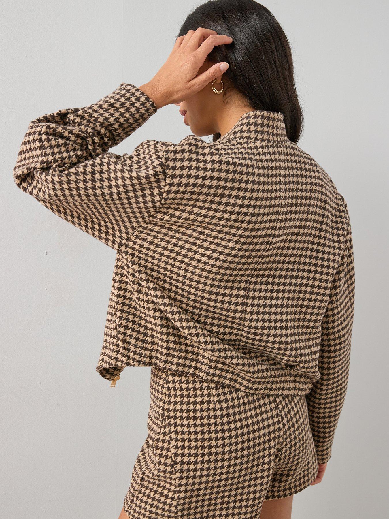 image of the-very-collection-houndstooth-funnel-neck-bomber-jacket-brown