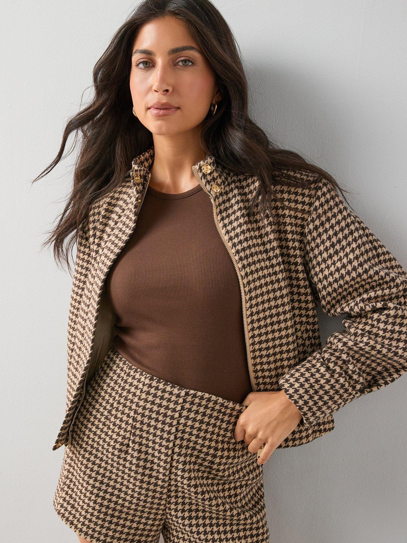  image of the-very-collection-houndstooth-funnel-neck-bomber-jacket-brown