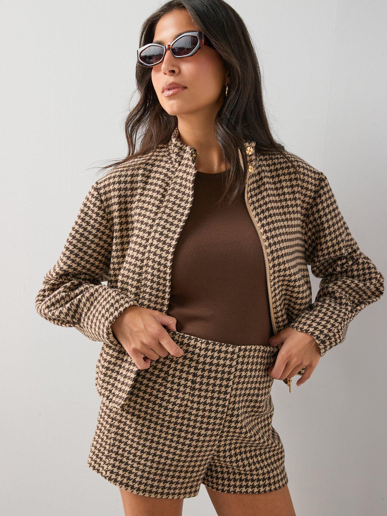 image of the-very-collection-houndstooth-funnel-neck-bomber-jacket-brown