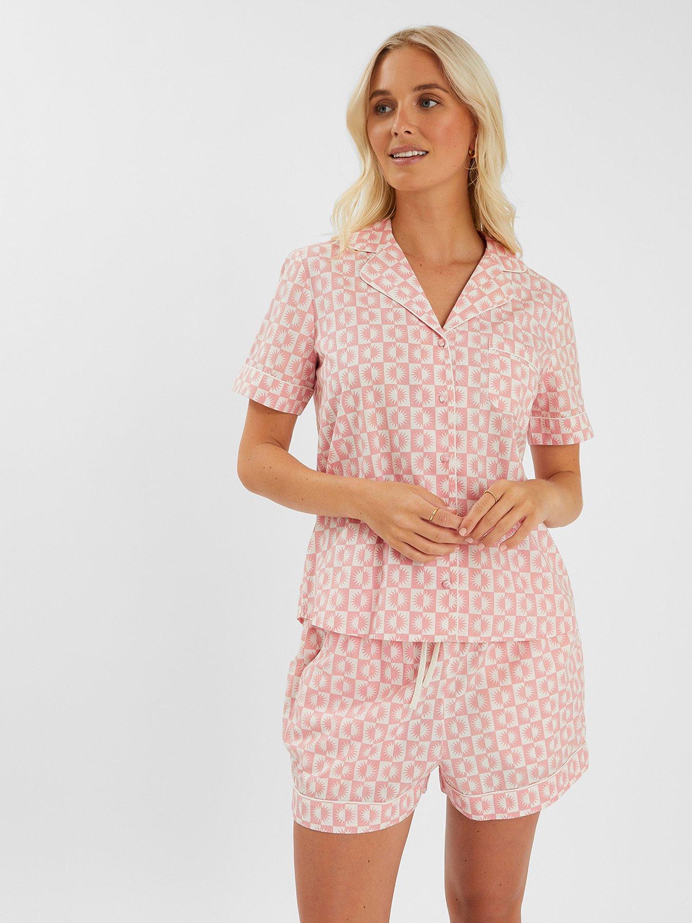 Image 1 of 3 of Accessorize Checkerboard Sun Print Short Pyjamas Set - Pink