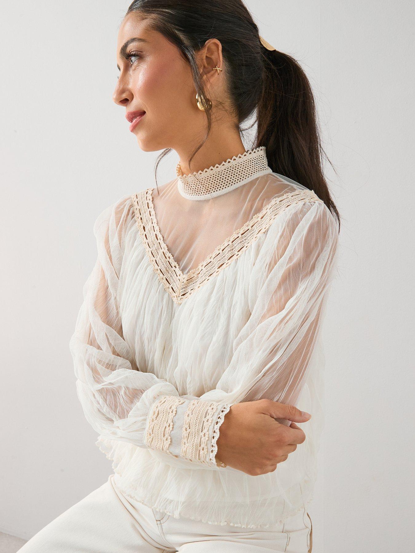 The Very Collection Romantic Sheer Ruffled Pleated Blouse - Cream