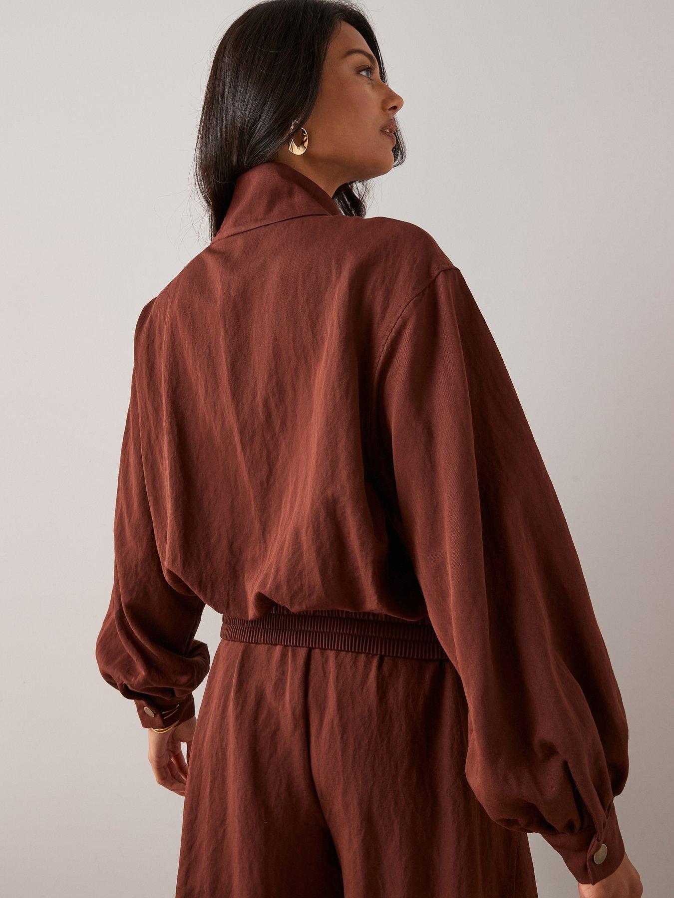 stillFront image of the-very-collection-funnel-neck-zip-through-jacket-brown
