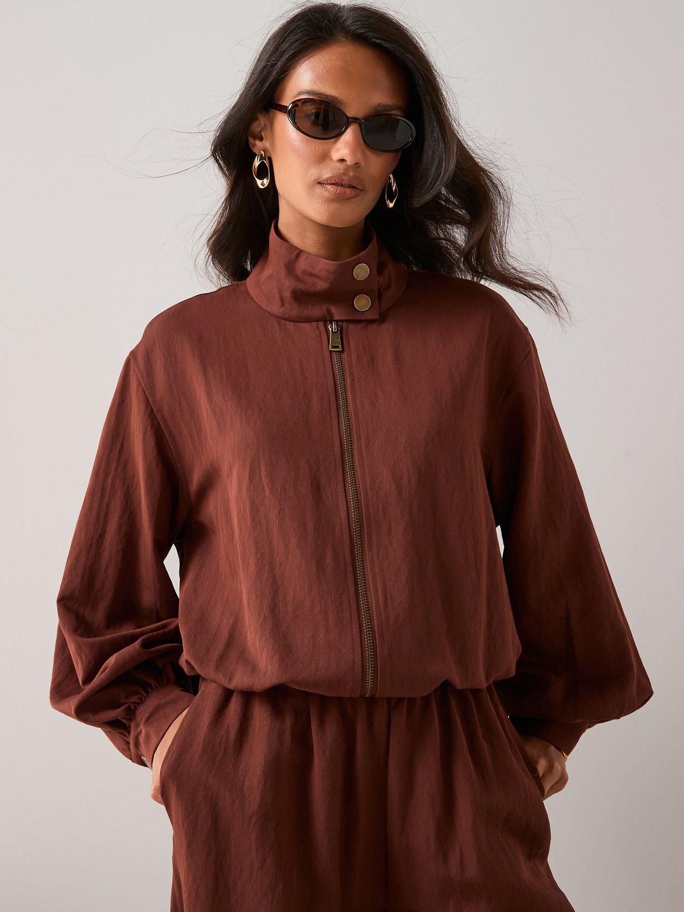  image of the-very-collection-funnel-neck-zip-through-jacket-brown