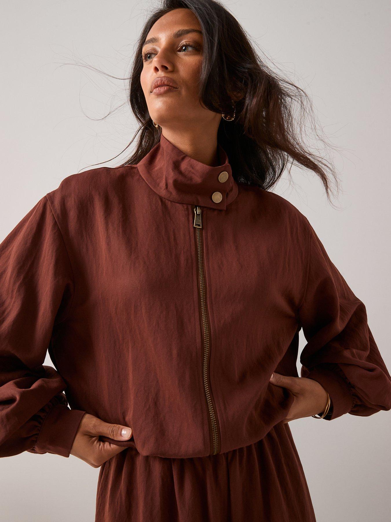  image of the-very-collection-funnel-neck-zip-through-jacket-brown