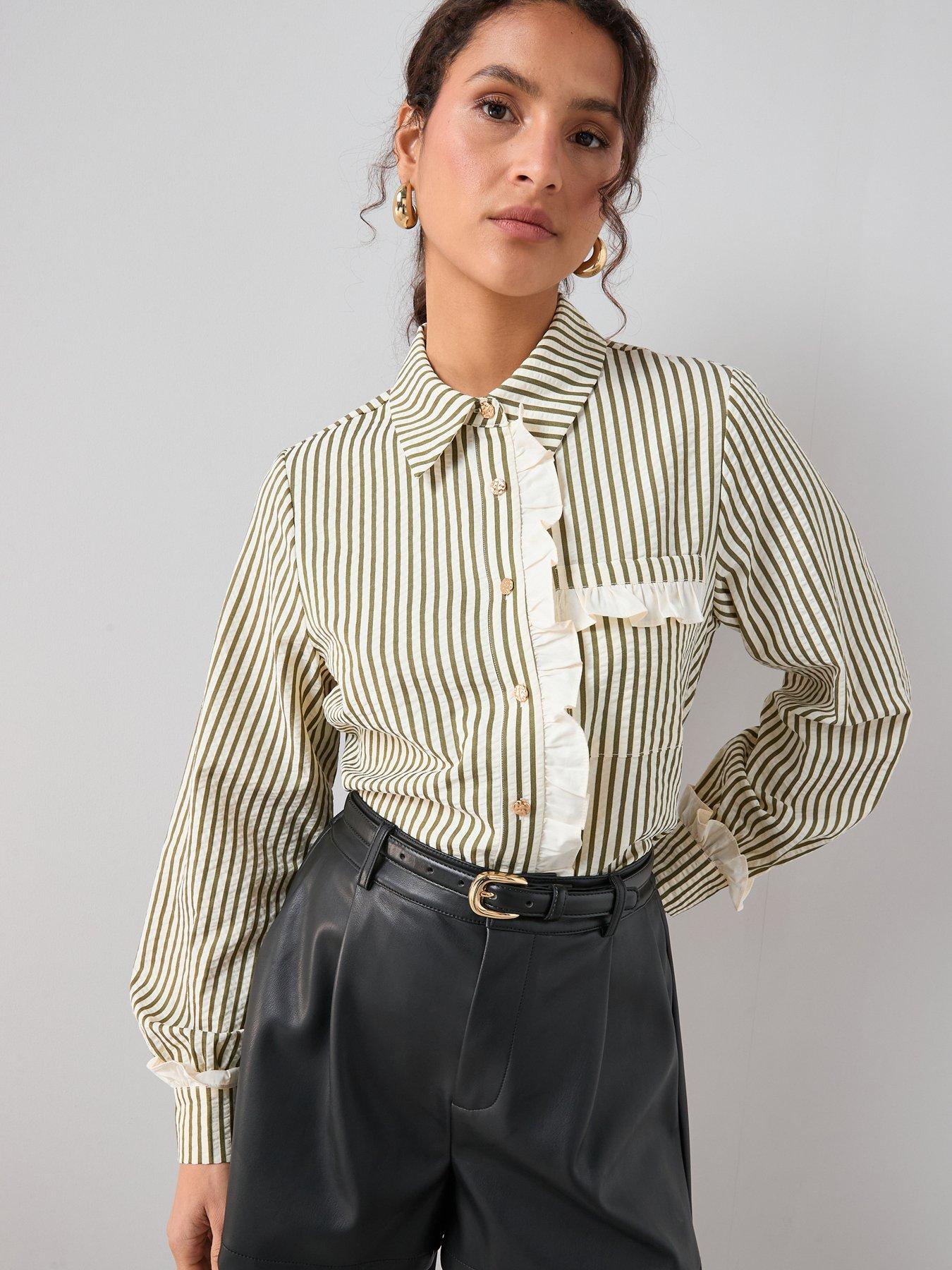 front image of the-very-collection-frill-collar-stripe-shirt-green