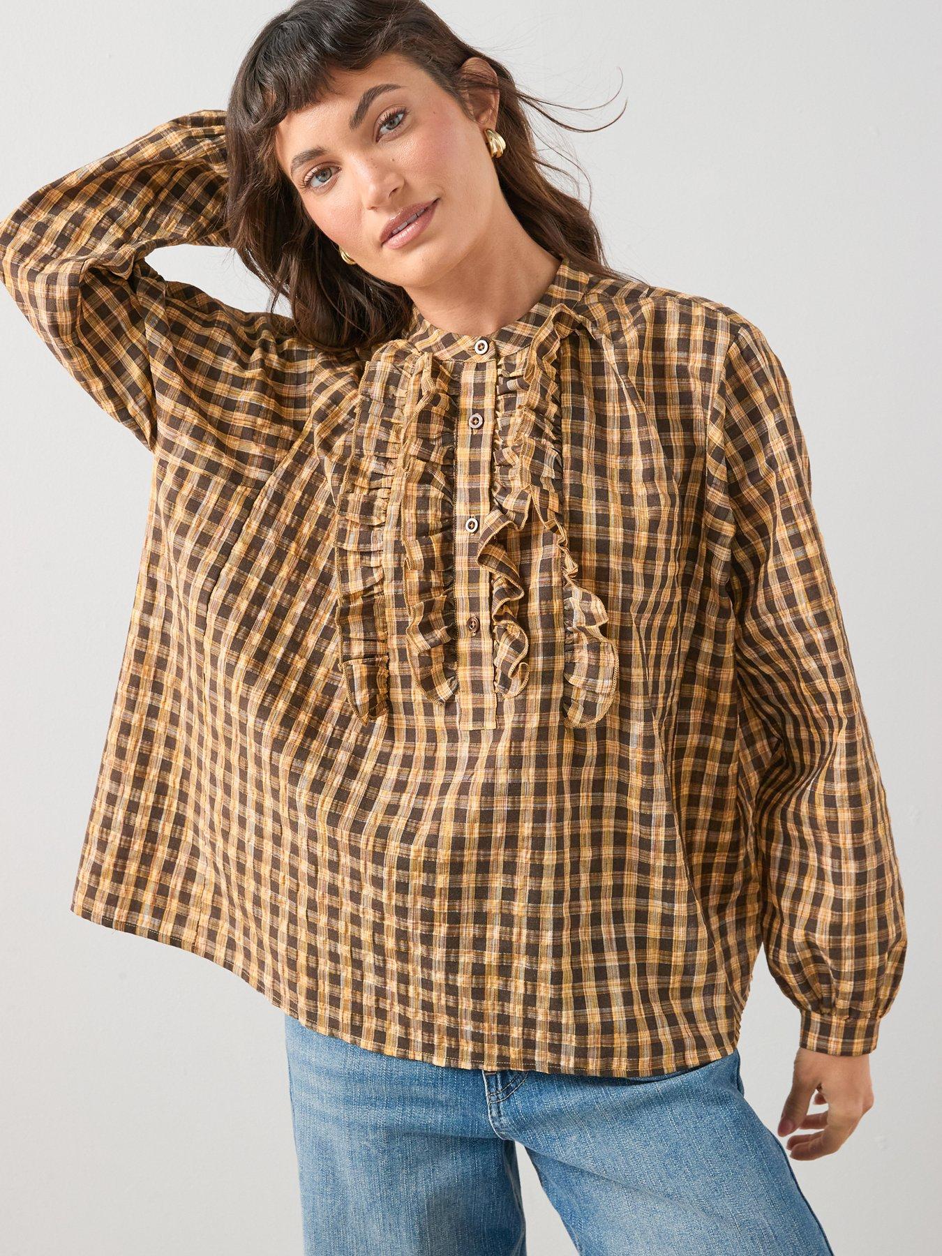 front image of the-very-collection-cotton-ruffle-check-blouse-yellow