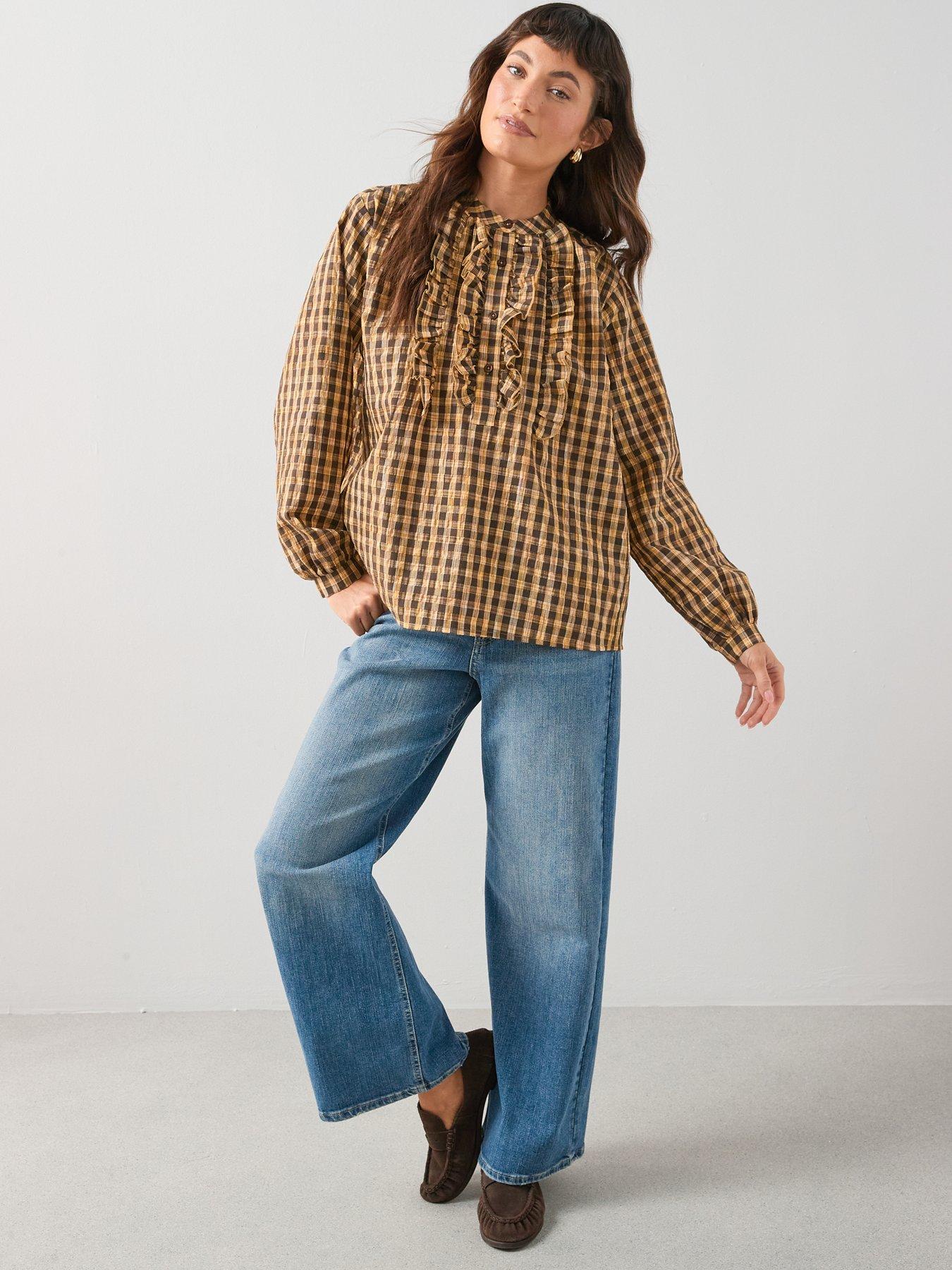  image of the-very-collection-cotton-ruffle-check-blouse-yellow