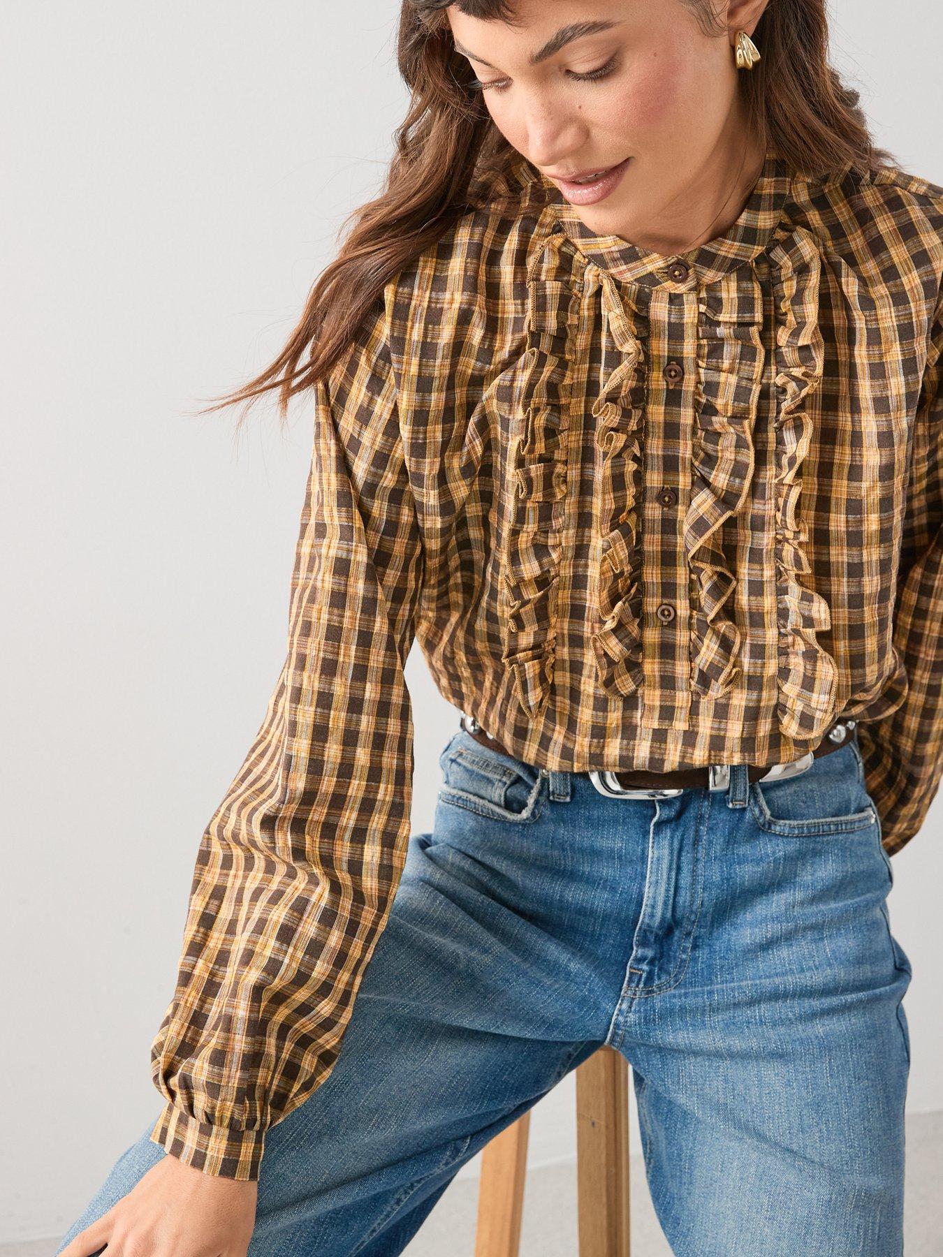  image of the-very-collection-cotton-ruffle-check-blouse-yellow
