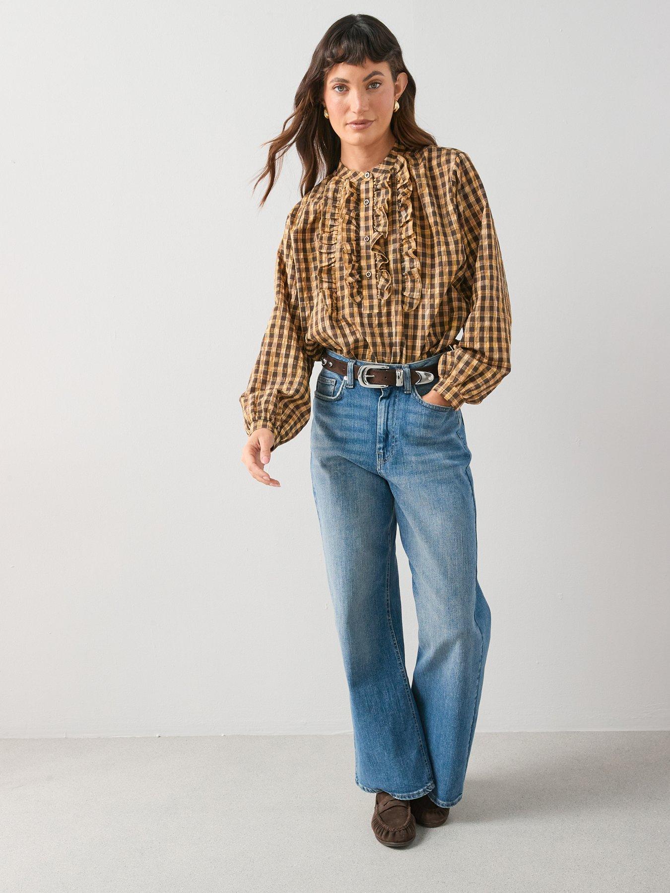  image of the-very-collection-cotton-ruffle-check-blouse-yellow