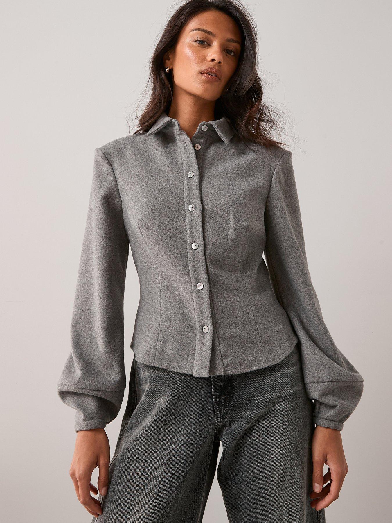 front image of the-very-collection-button-up-fitted-co-ord-shirt-grey