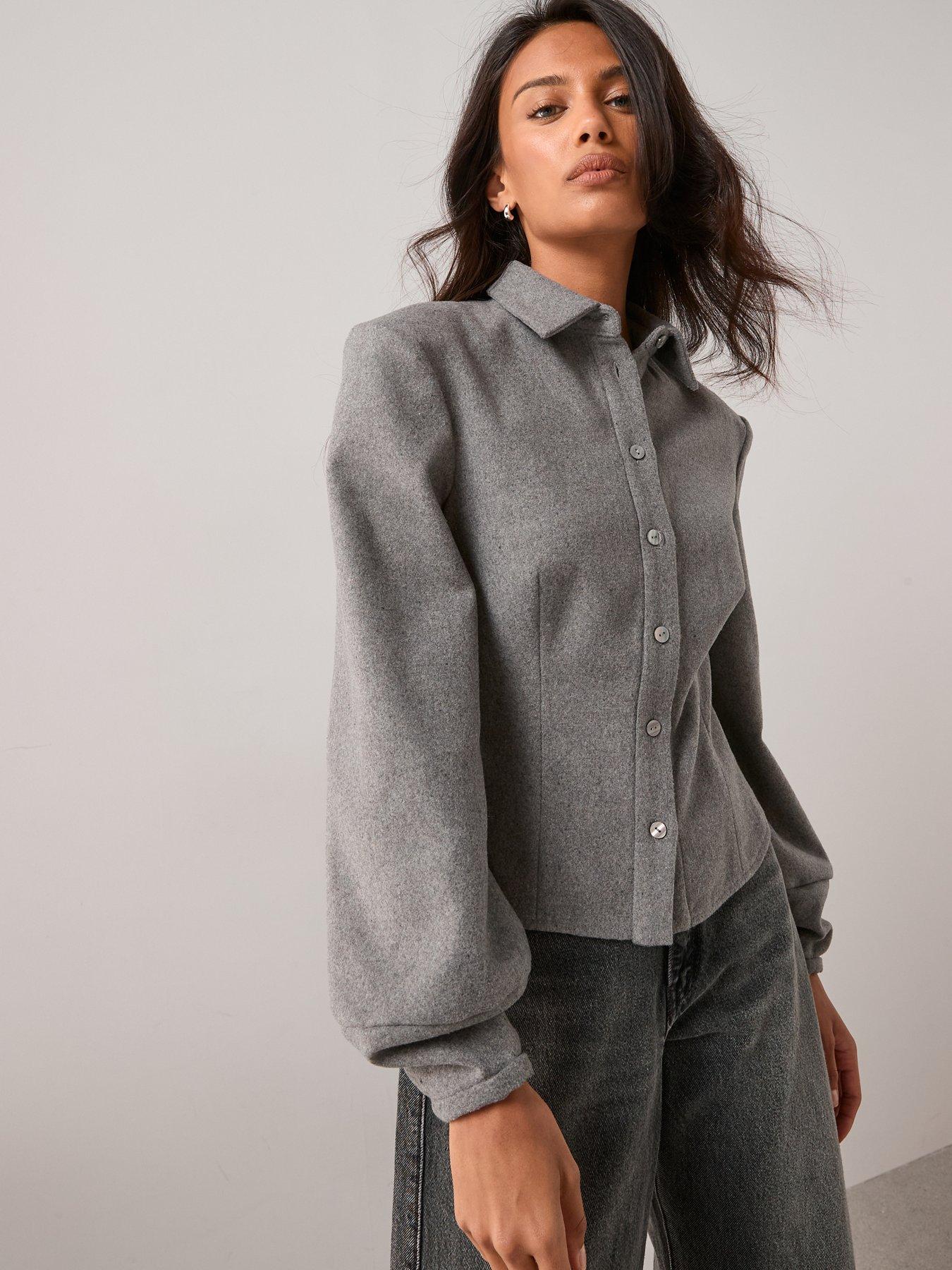  image of the-very-collection-button-up-fitted-co-ord-shirt-grey