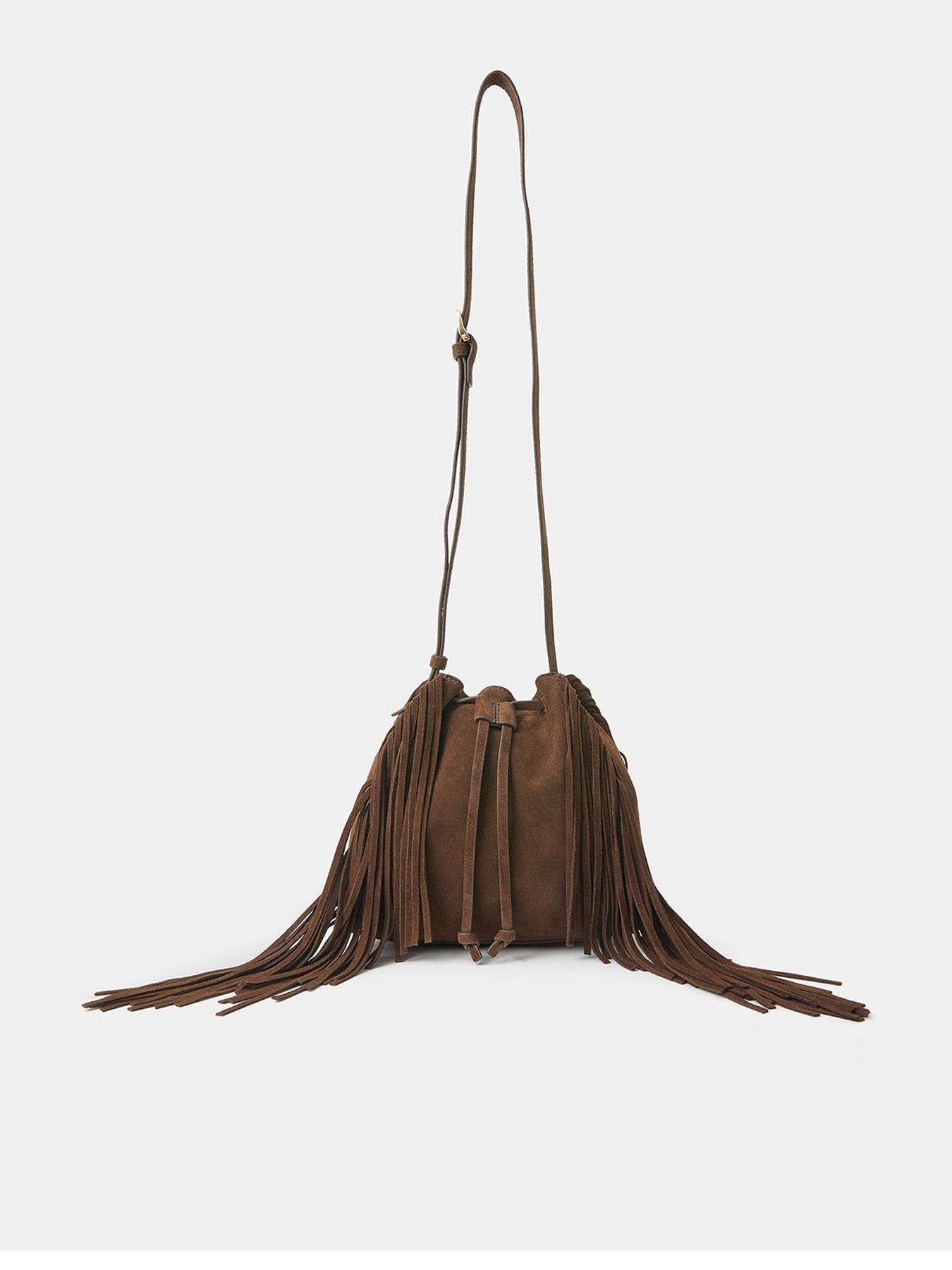 Image 1 of 5 of Accessorize Suede Fringe Bucket Bag - Brown