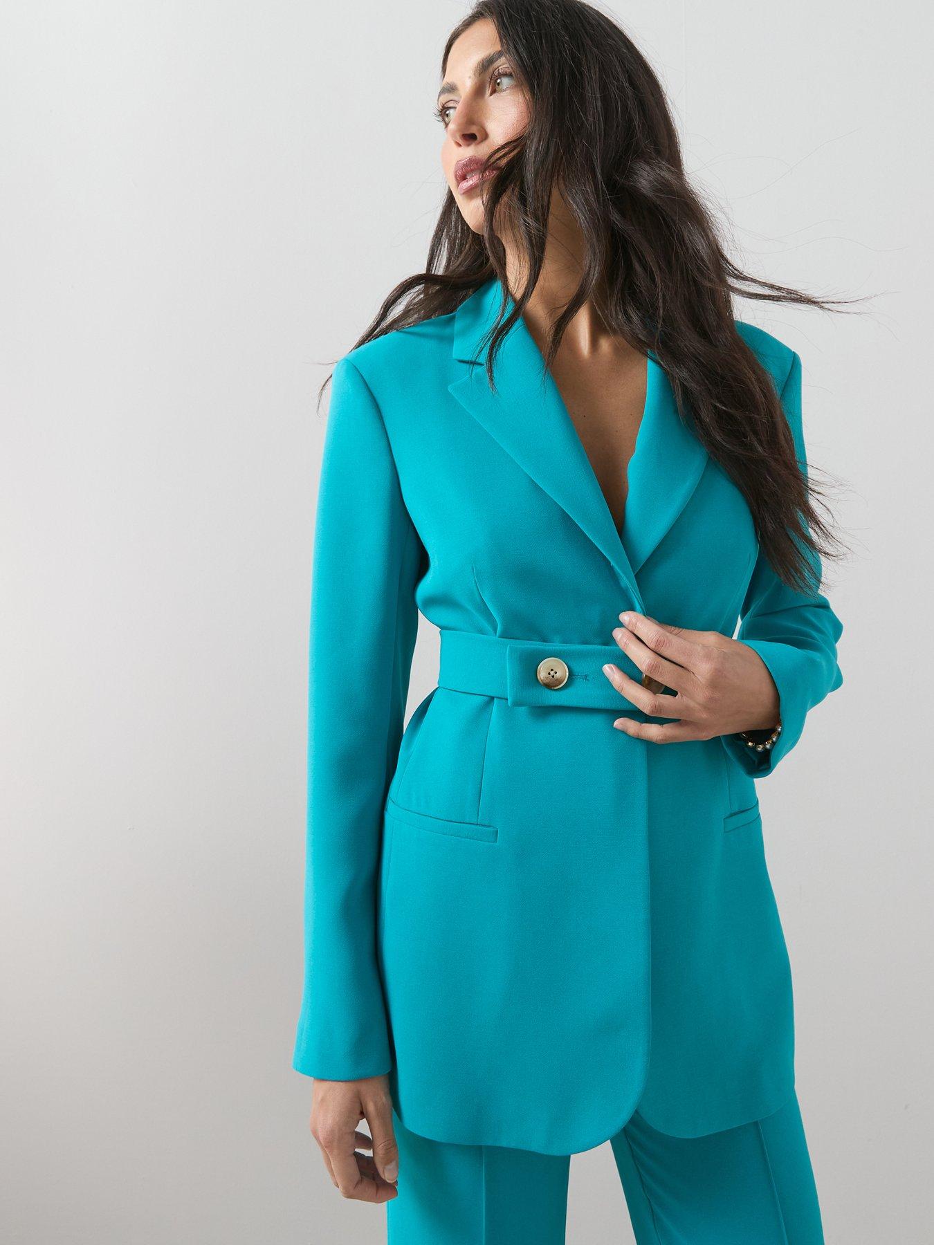front image of the-very-collection-belt-cinched-blazer-teal