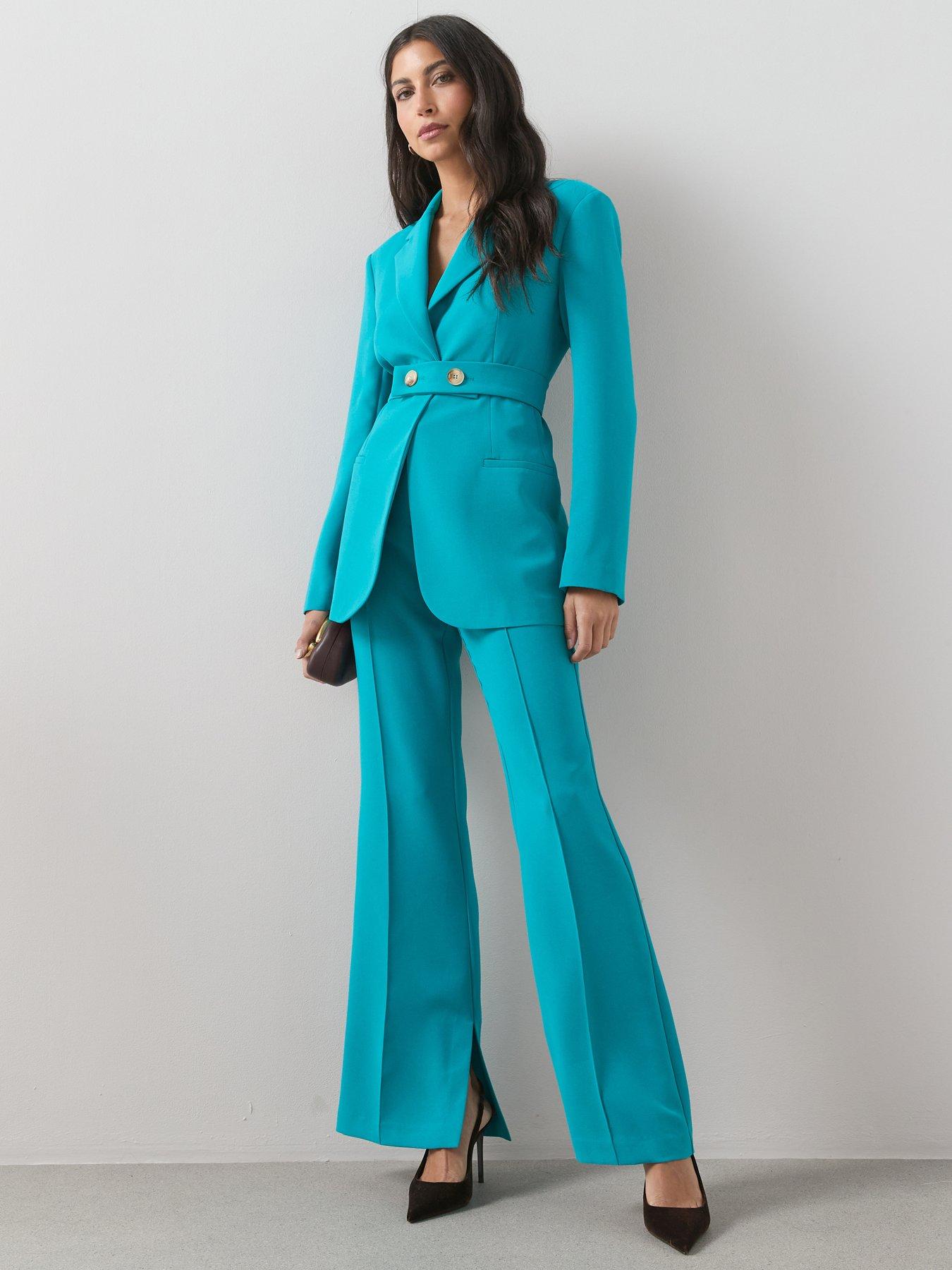 front image of the-very-collection-vented-split-straight-leg-trouser-teal