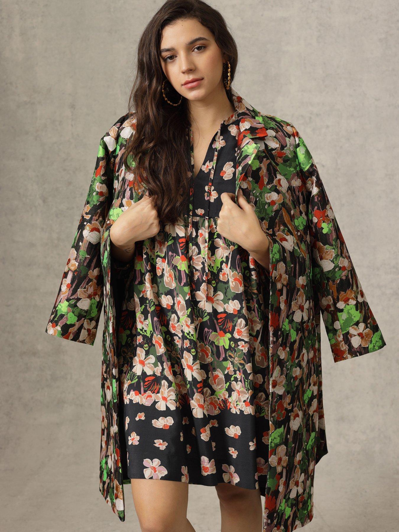 undefined Jaquard Floral Metallic Coat
