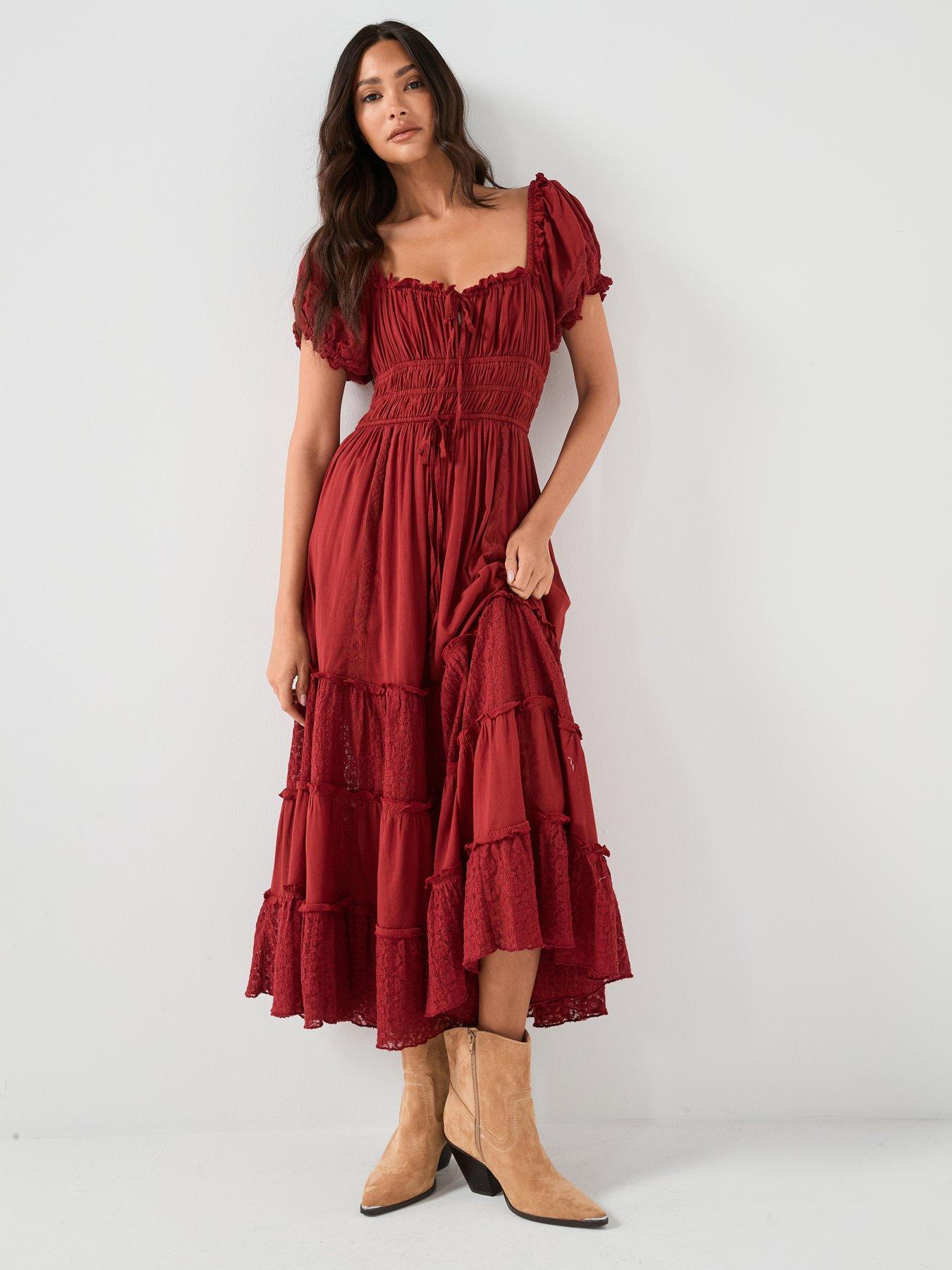 FREE PEOPLE Falling Sun Midi Dress - Red