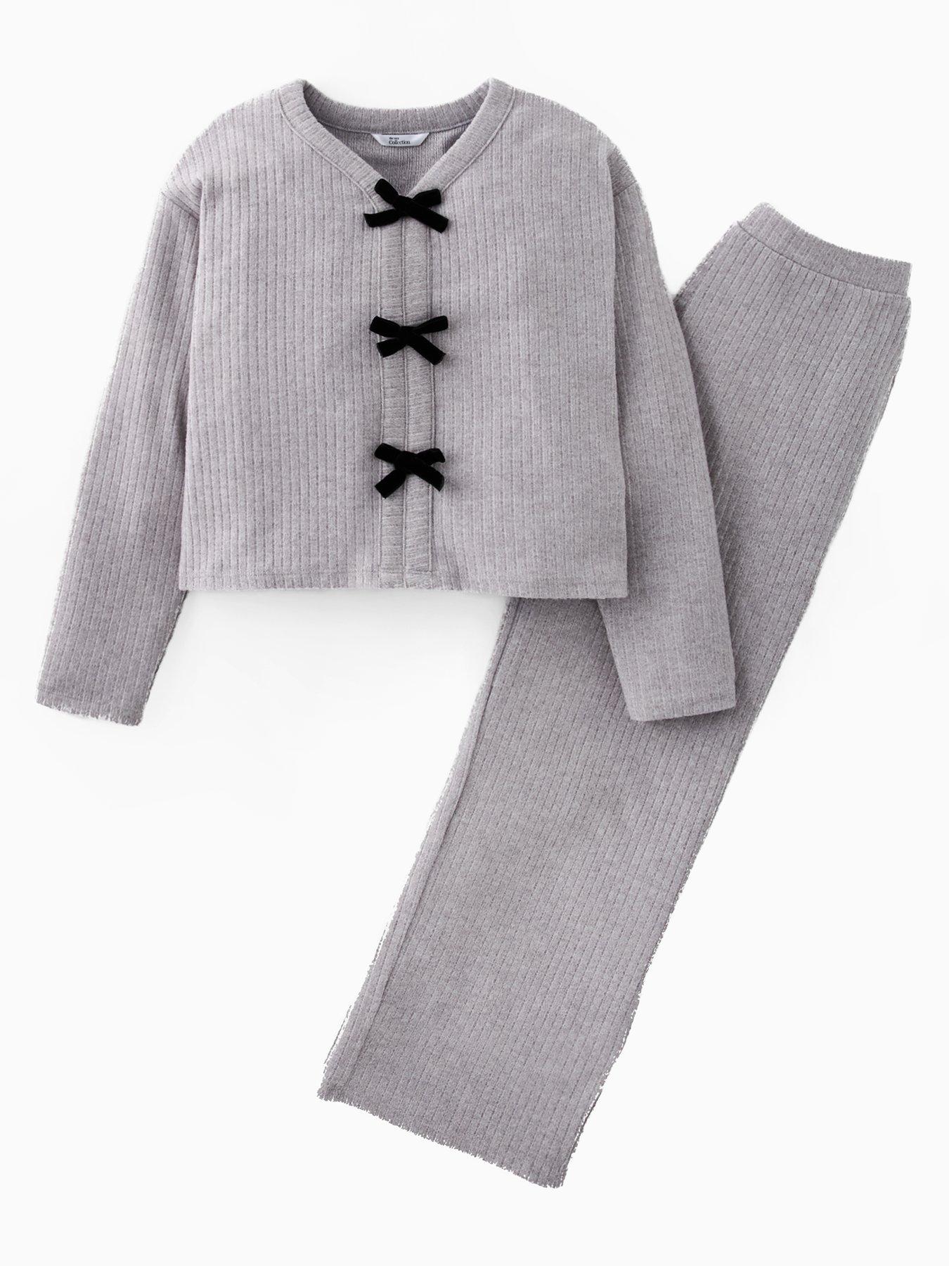 front image of the-very-collection-girls-soft-touch-bow-front-top-with-flare-trousers-grey