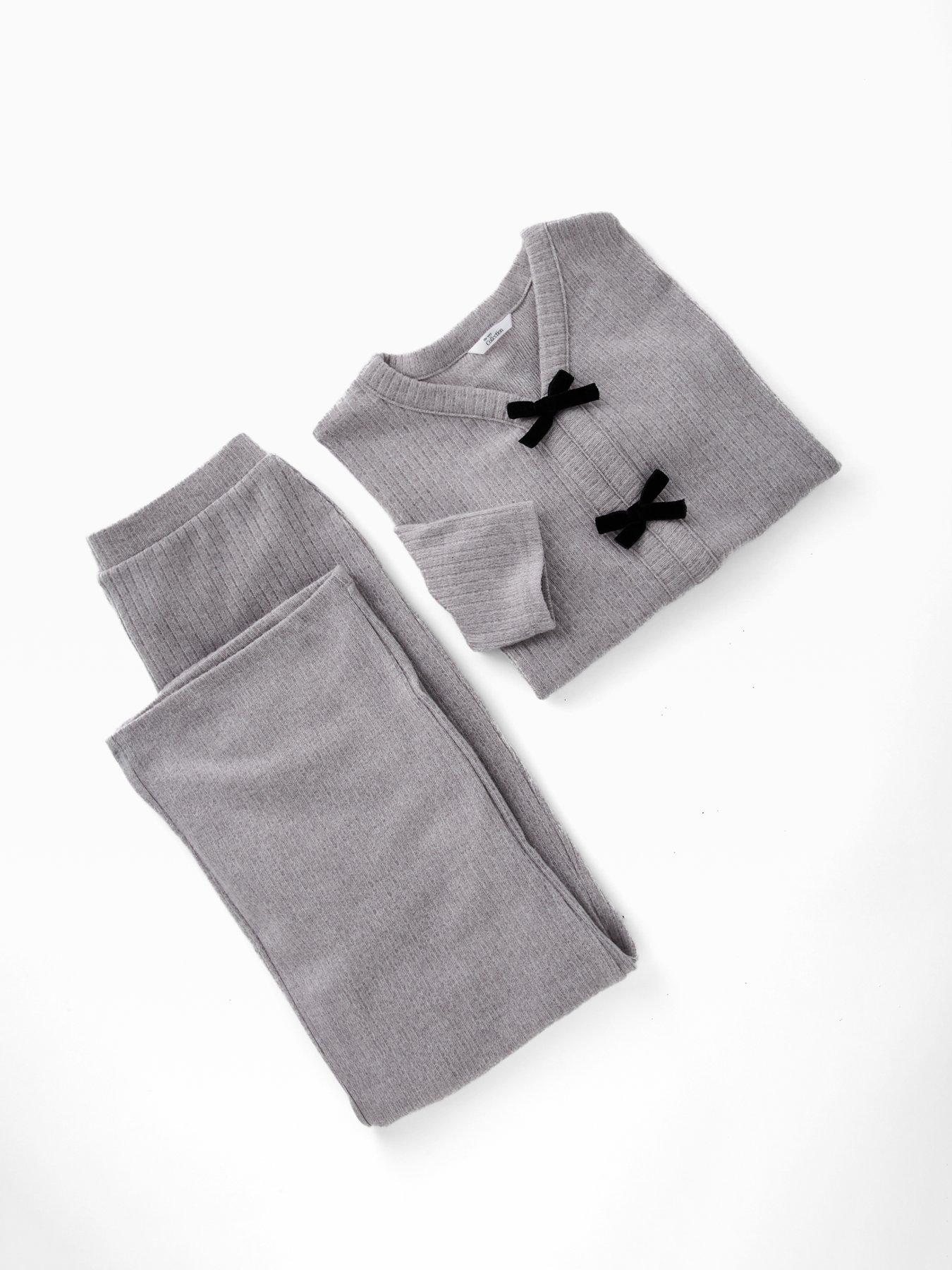  image of the-very-collection-girls-soft-touch-bow-front-top-with-flare-trousers-grey