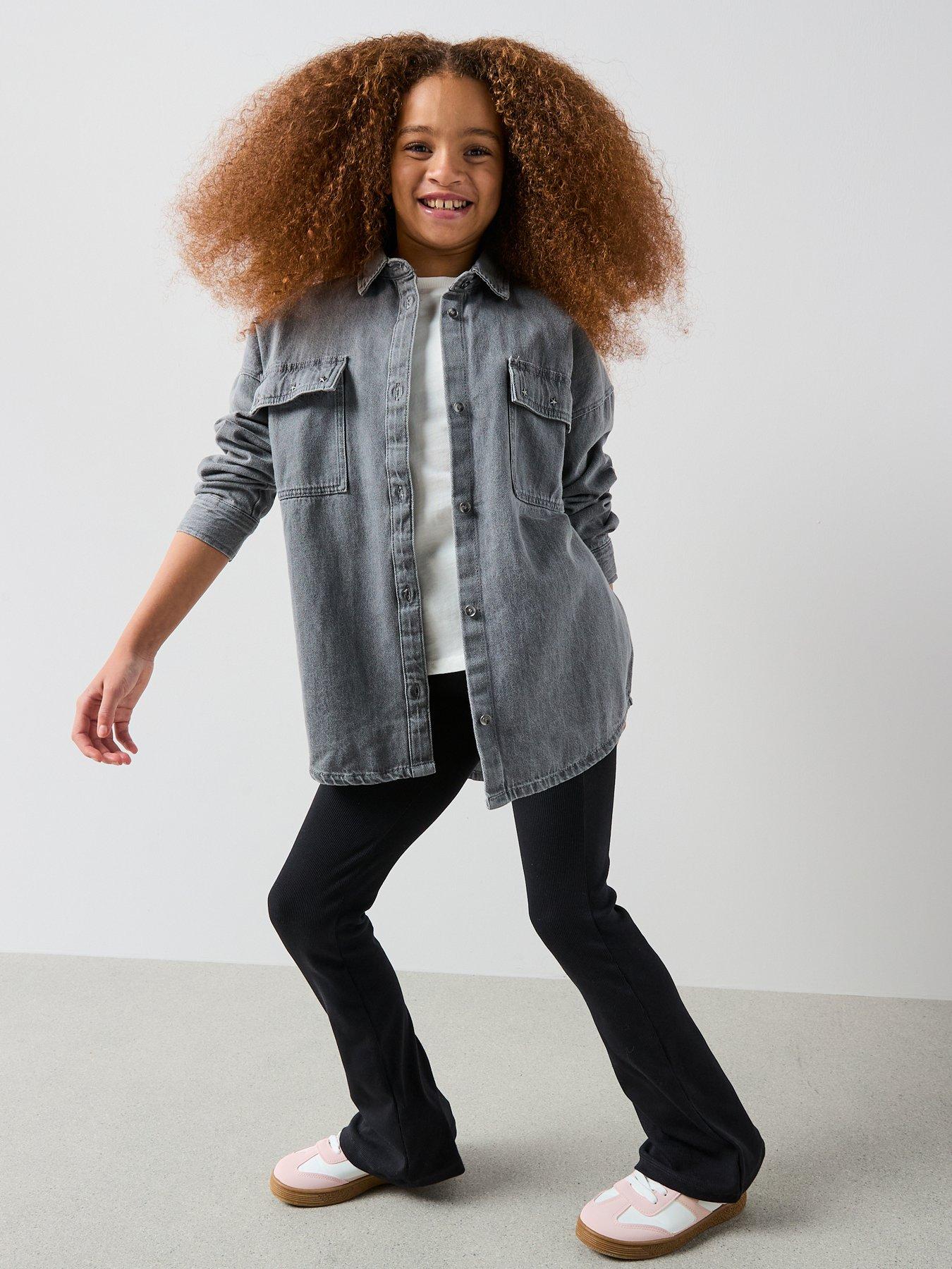 Image 3 of 6 of The Very Collection Girls 3 Piece Denim Shirt With Top And Flare Leggings Set - Dark Wash