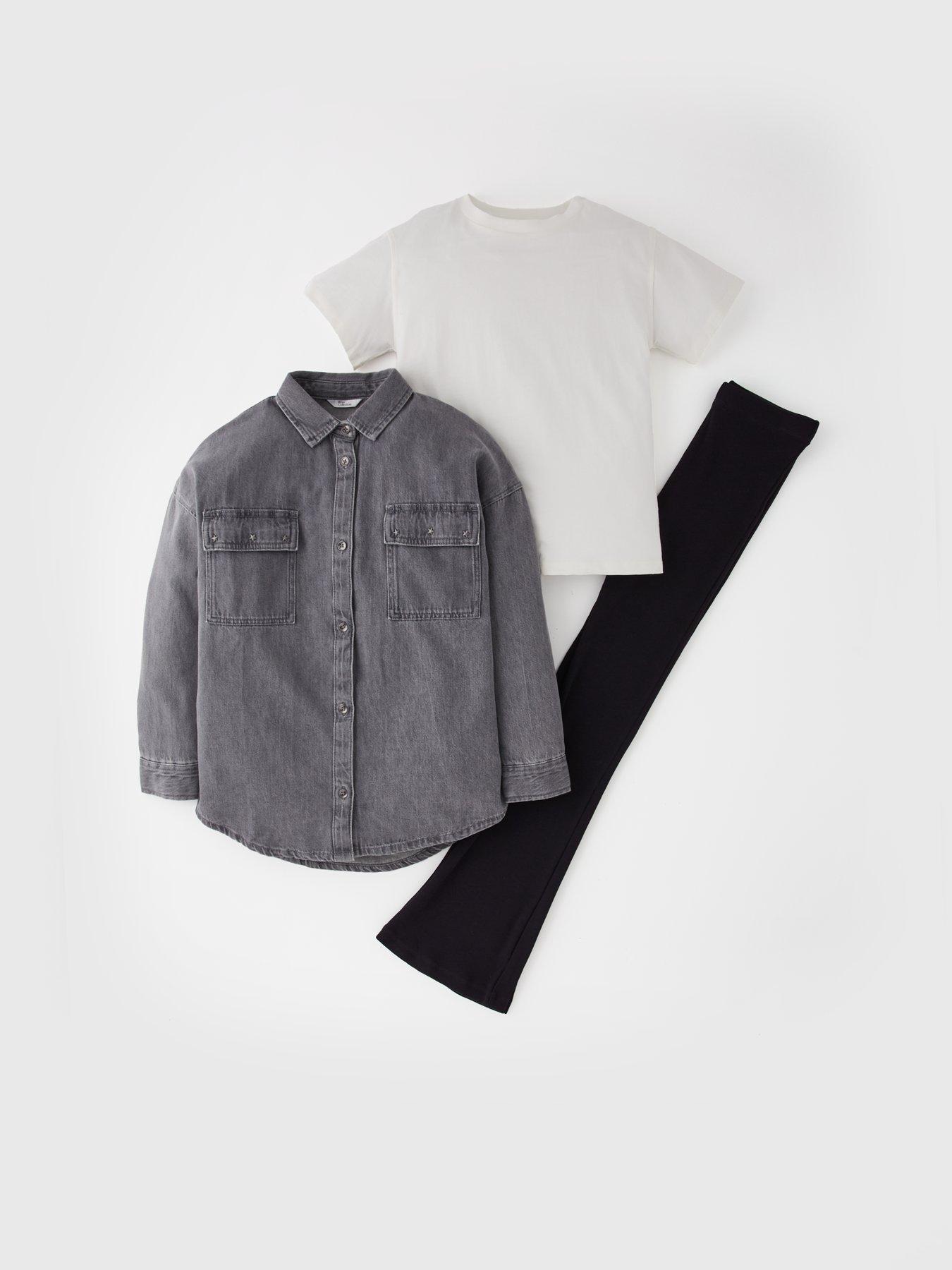 Image 6 of 6 of The Very Collection Girls 3 Piece Denim Shirt With Top And Flare Leggings Set - Dark Wash