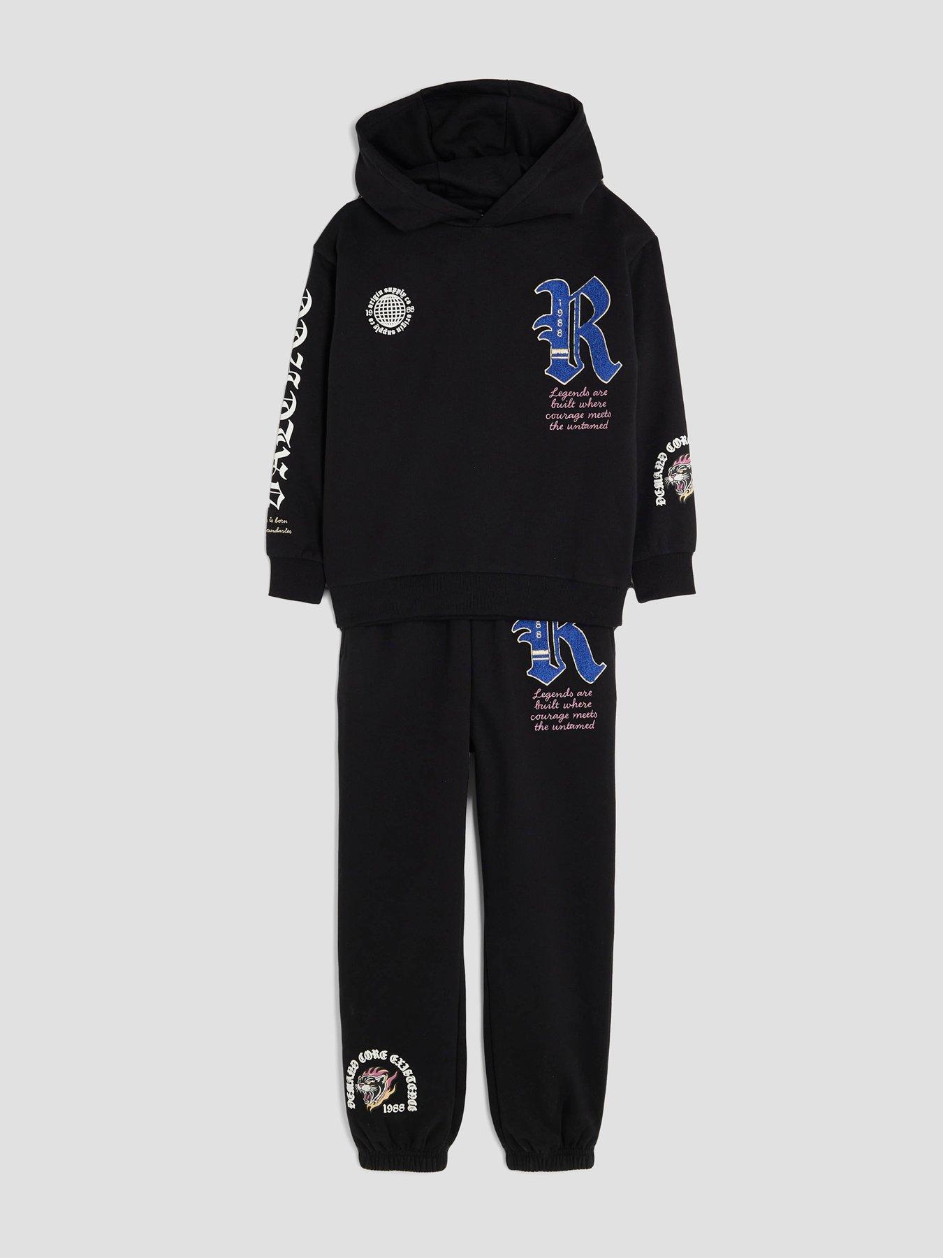  image of river-island-older-boys-gothic-badge-hoodie-set-black