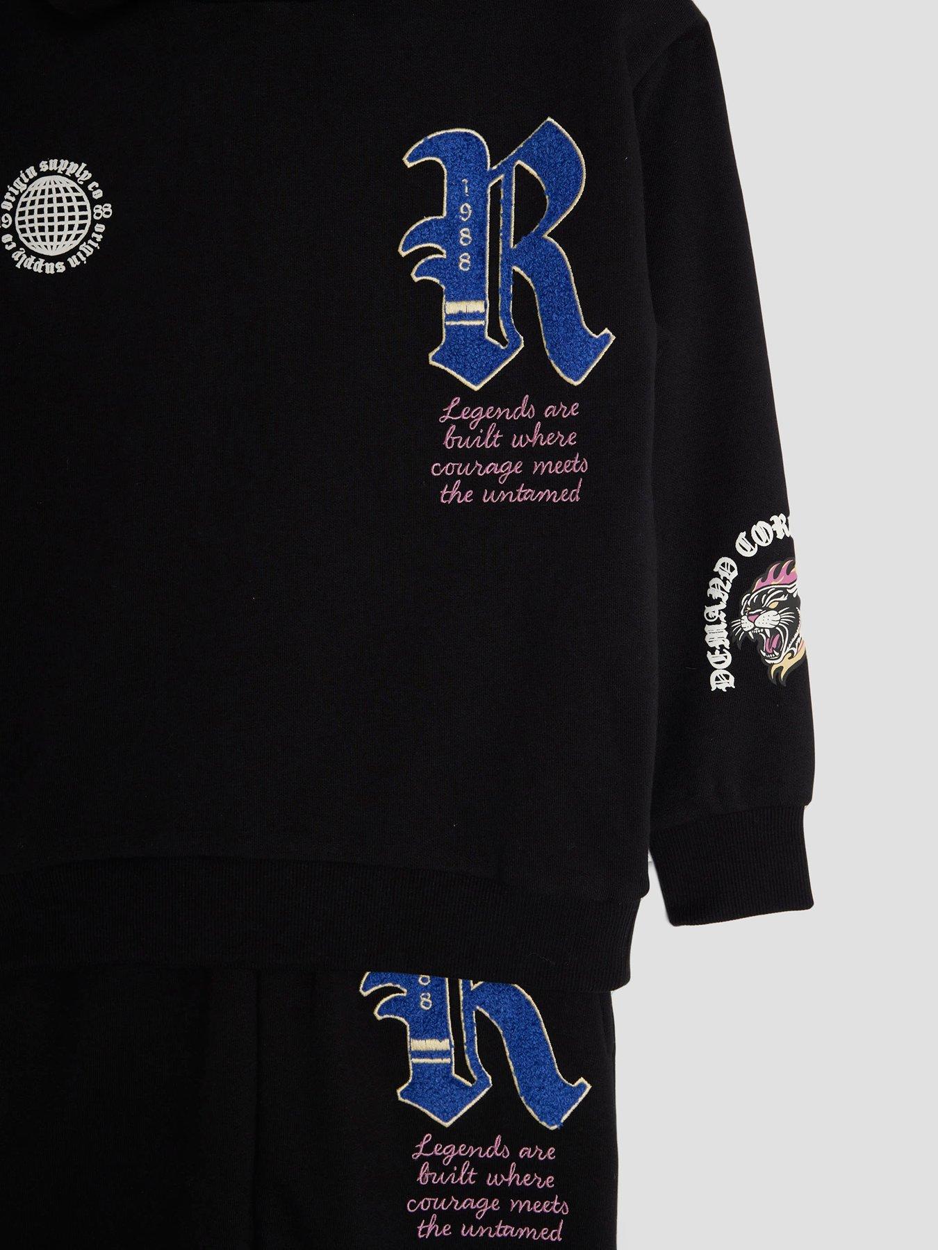  image of river-island-older-boys-gothic-badge-hoodie-set-black