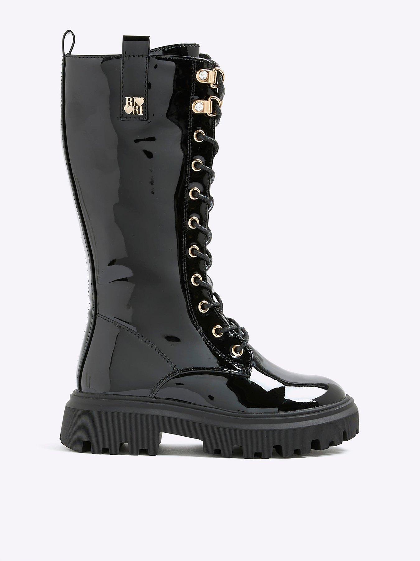 undefined Older Girls Lace Up Knee High Boots - Black