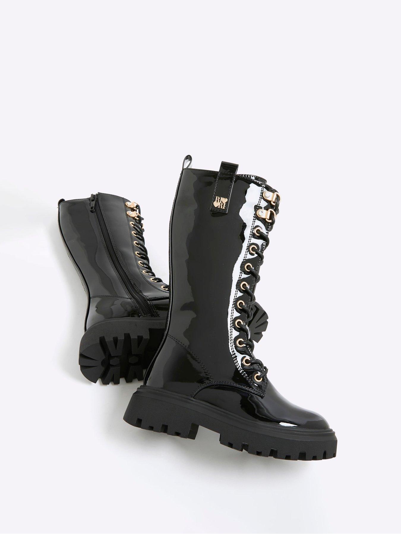 Image 4 of 5 of River Island Older Girls Lace Up Knee High Boots - Black