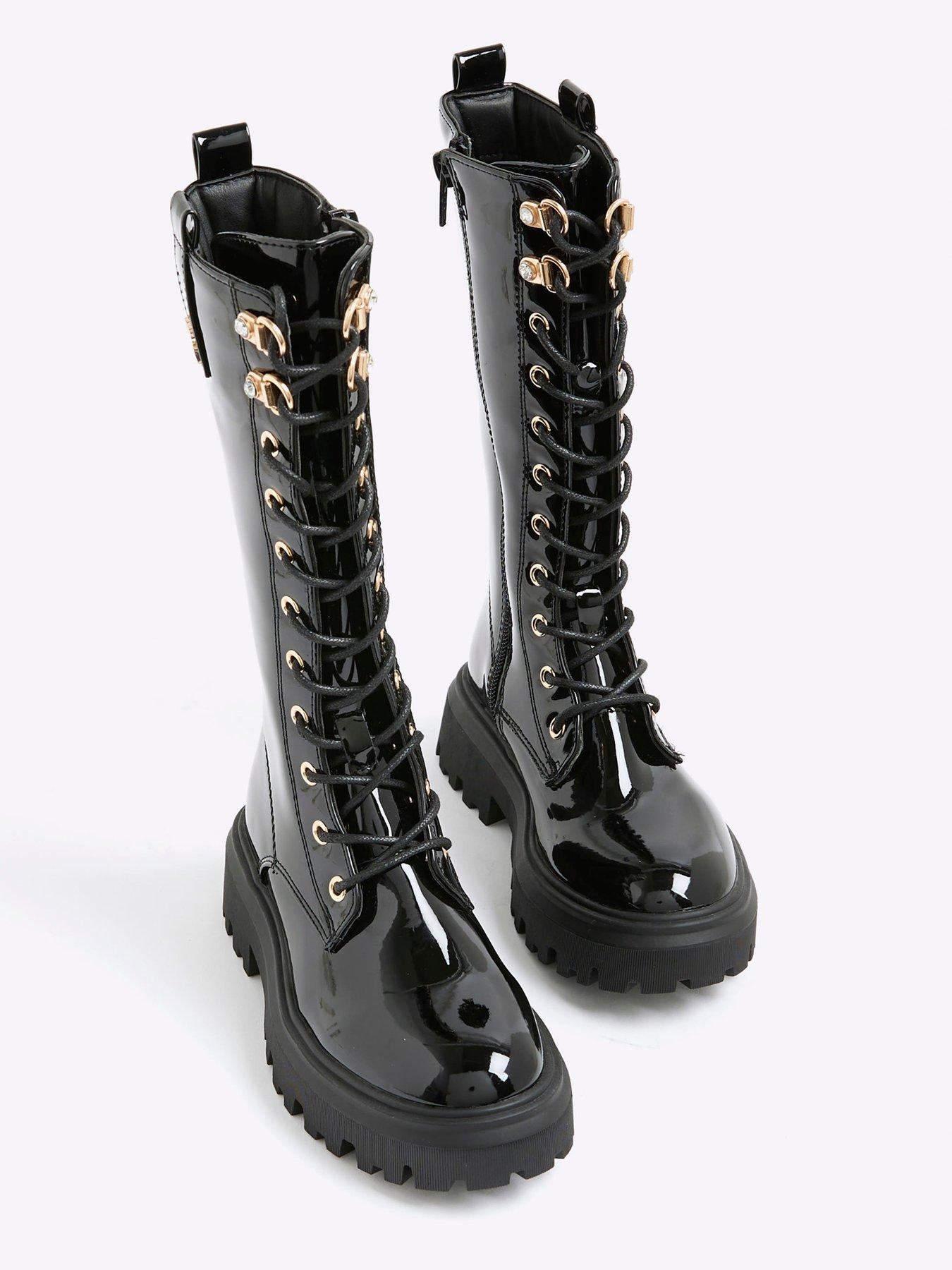 Image 5 of 5 of River Island Older Girls Lace Up Knee High Boots - Black