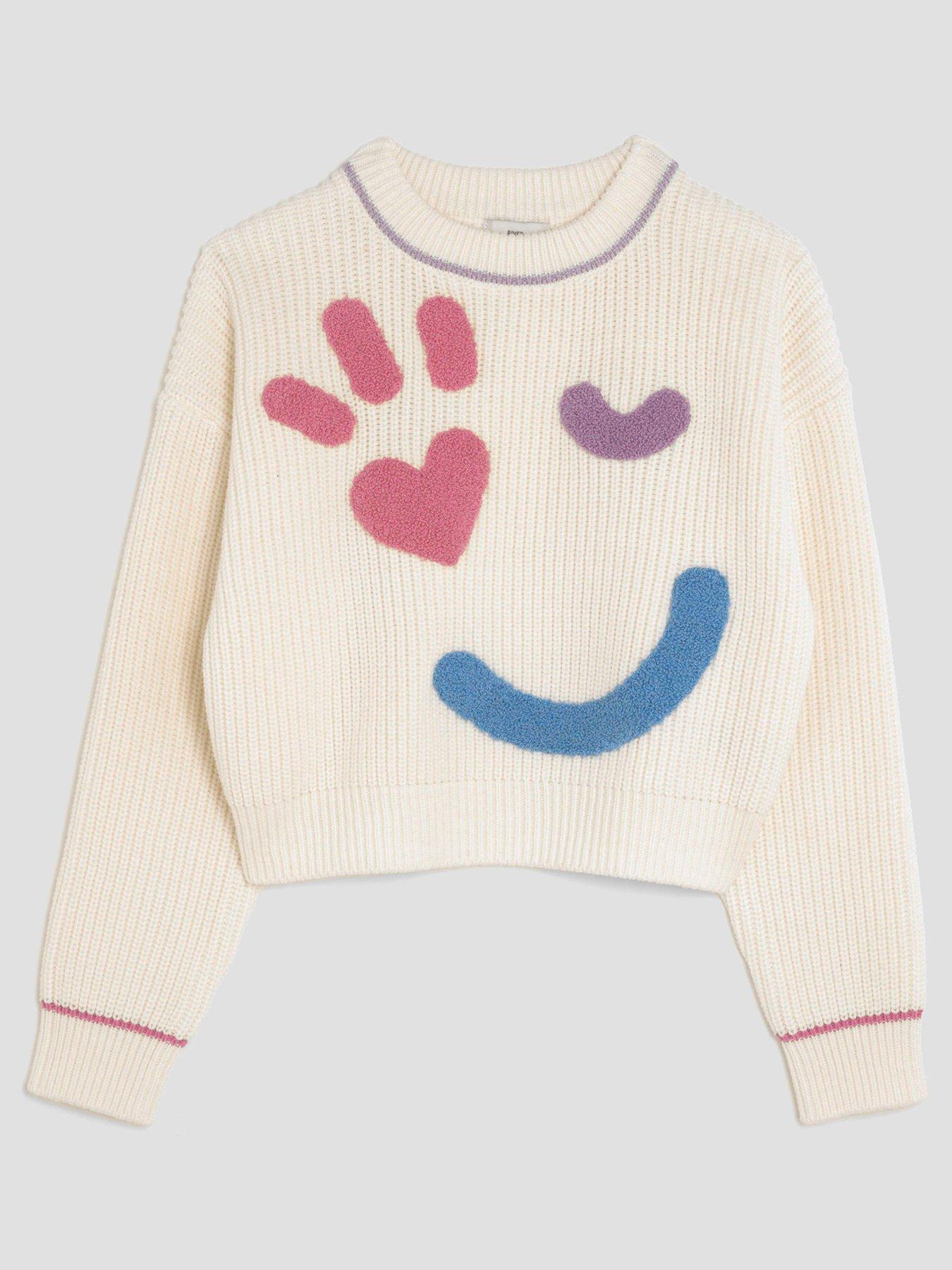 Image 1 of 4 of River Island Older Girls Smiley Knitted Jumper - Cream