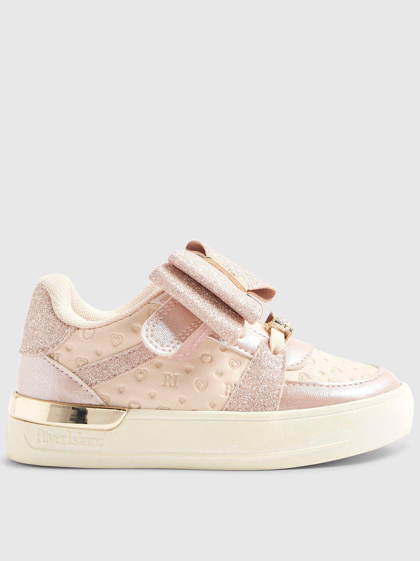 Image 1 of 5 of River Island Mini Mini Girls Bow Glitter Plim Shoes - Pink