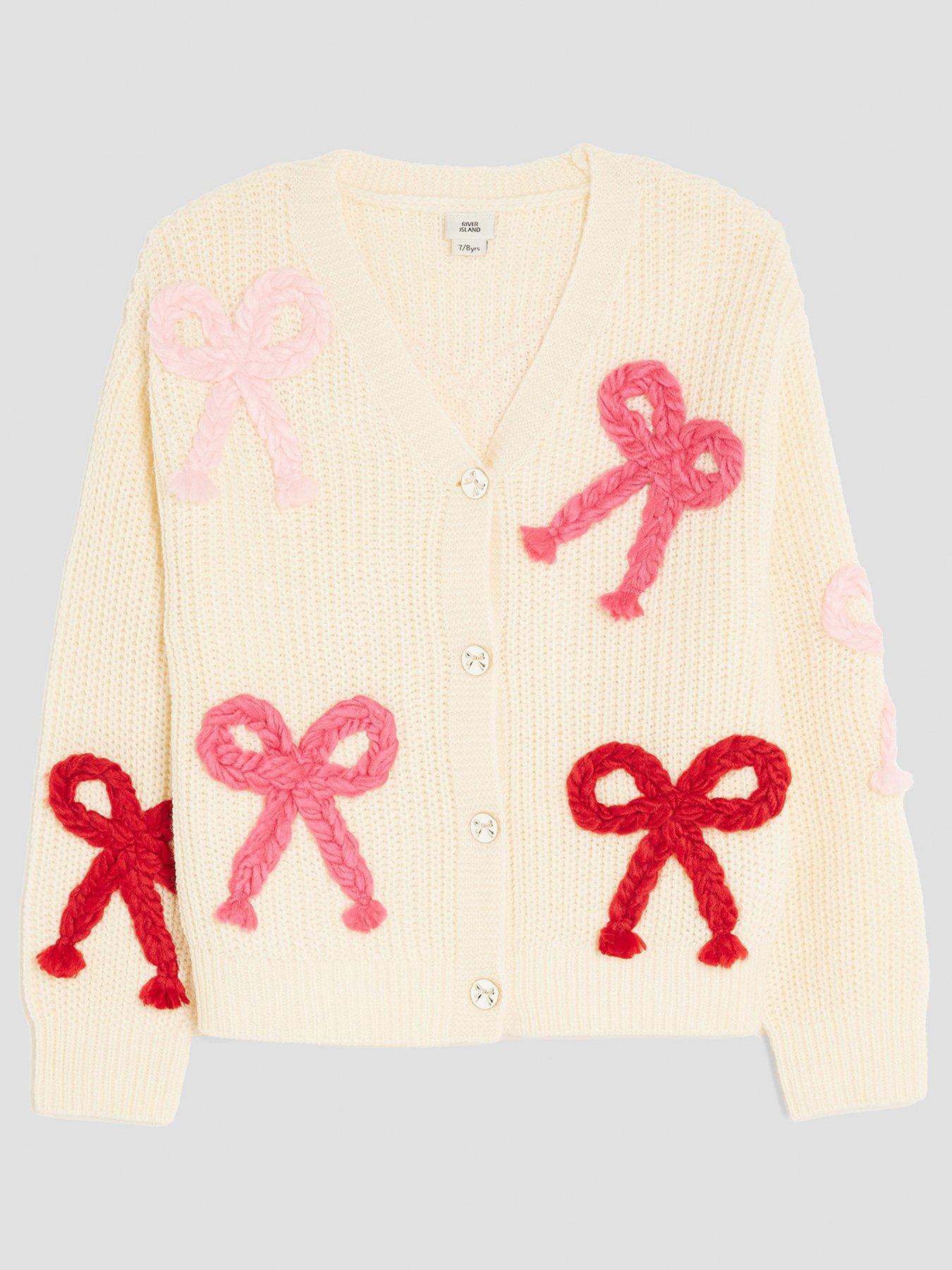 Image 1 of 4 of River Island Older Girls 3D Bow Cardigan - Cream - Pink