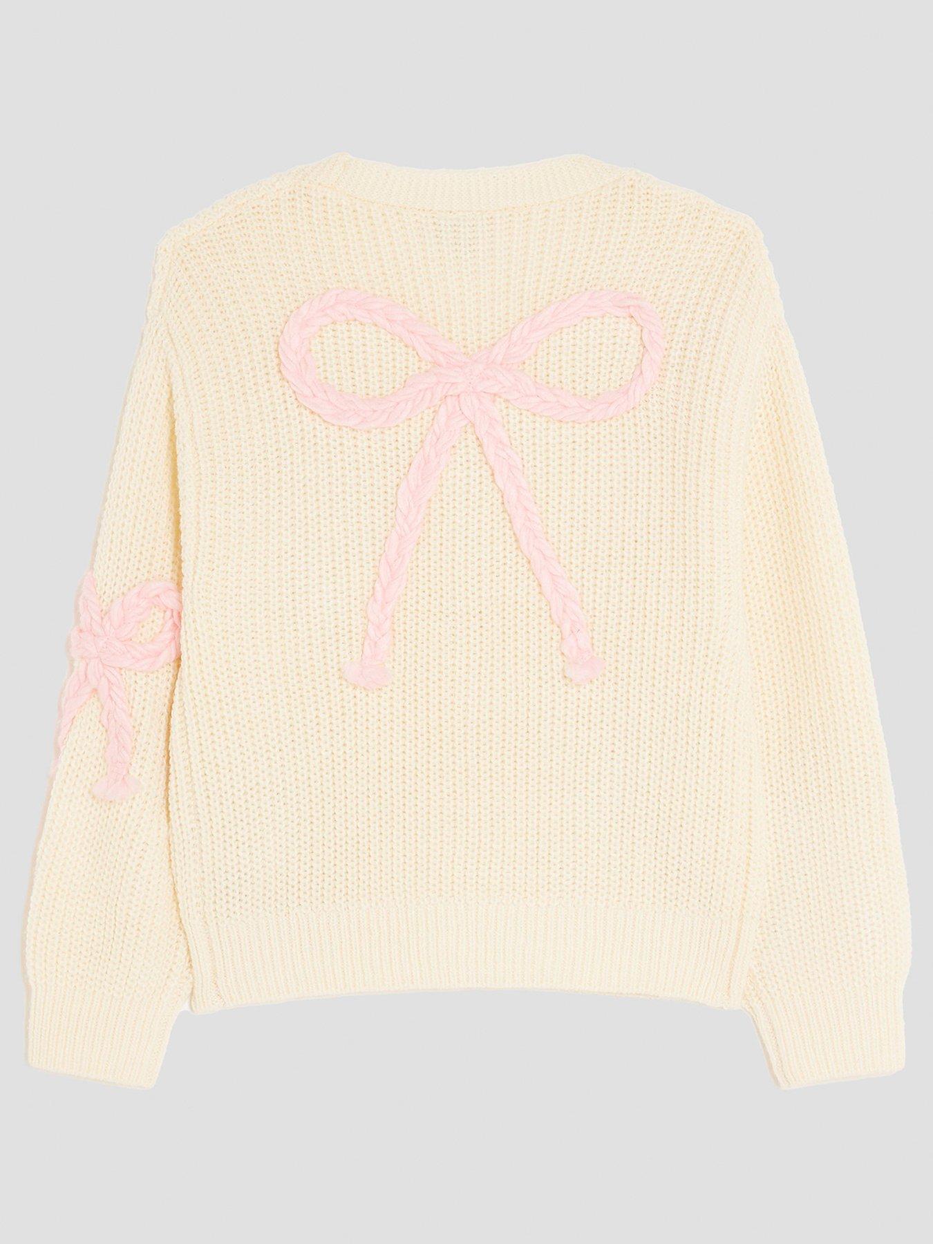 Image 2 of 4 of River Island Older Girls 3D Bow Cardigan - Cream - Pink