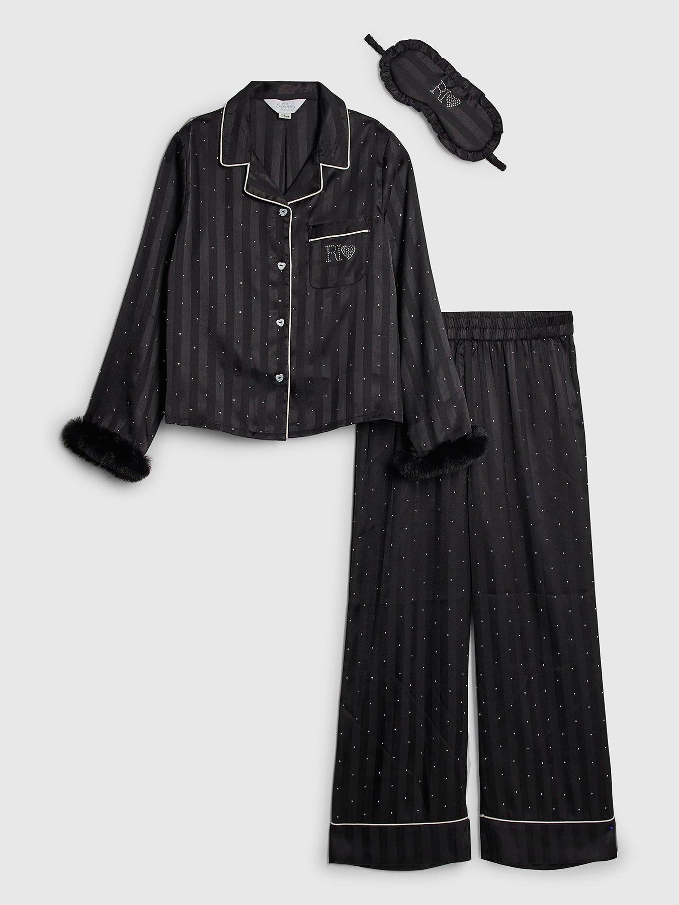 undefined Older Girls Hotfix Fur Cuff Satin Pyjamas - Black
