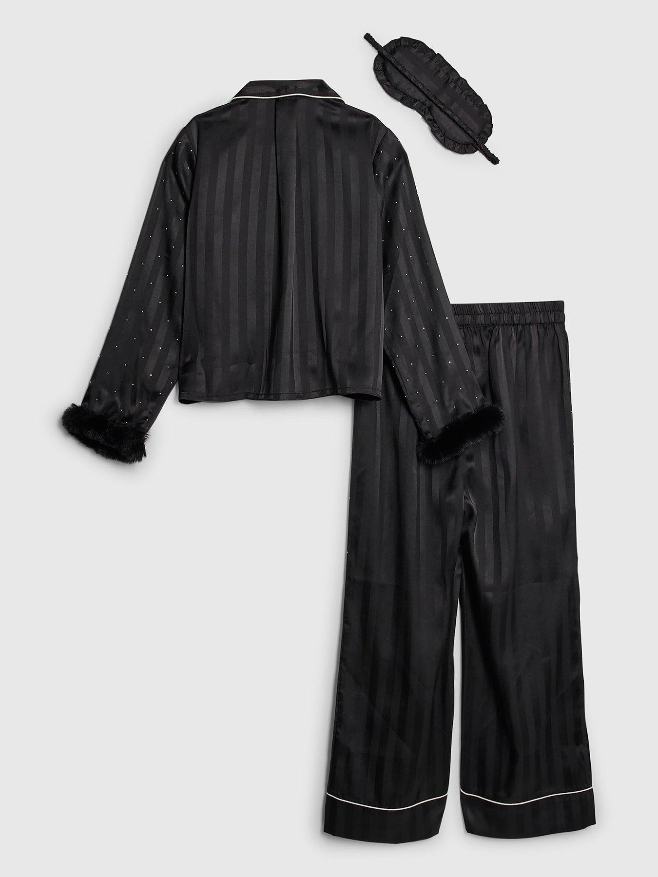 Image 2 of 4 of River Island Older Girls Hotfix Fur Cuff Satin Pyjamas - Black