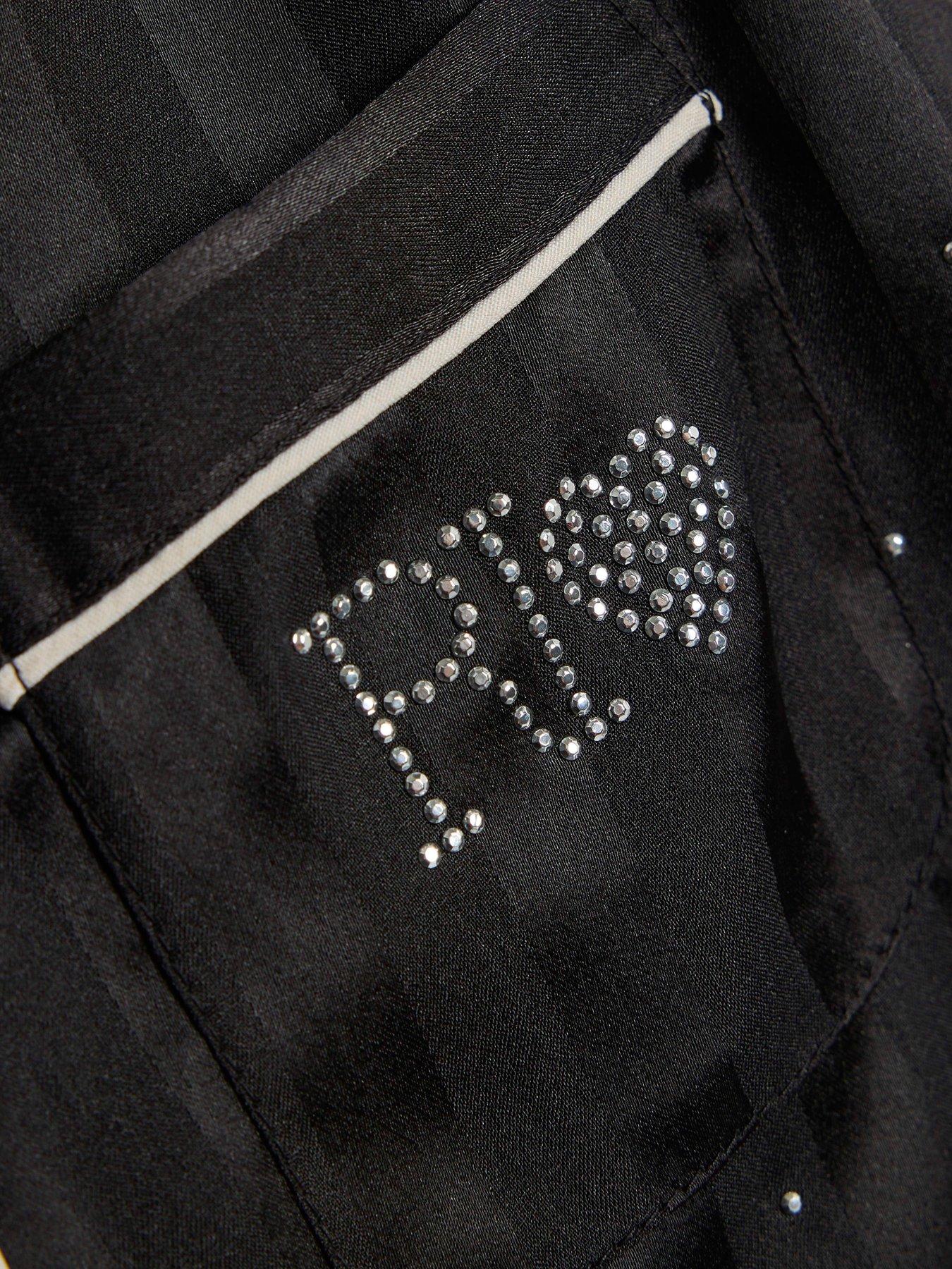 Image 3 of 4 of River Island Older Girls Hotfix Fur Cuff Satin Pyjamas - Black