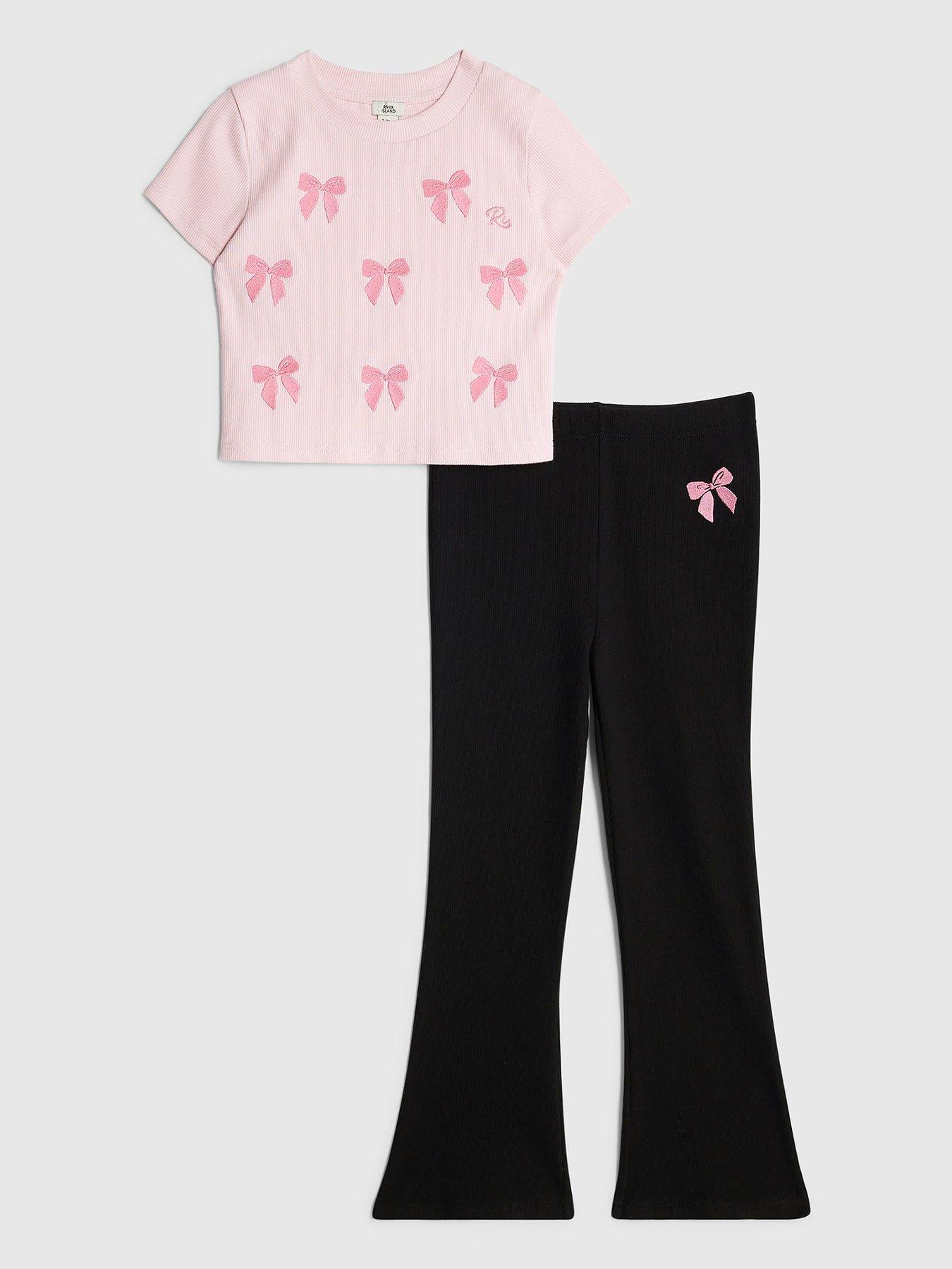undefined Older Girls Bow Embroidered Legging Set - Pink
