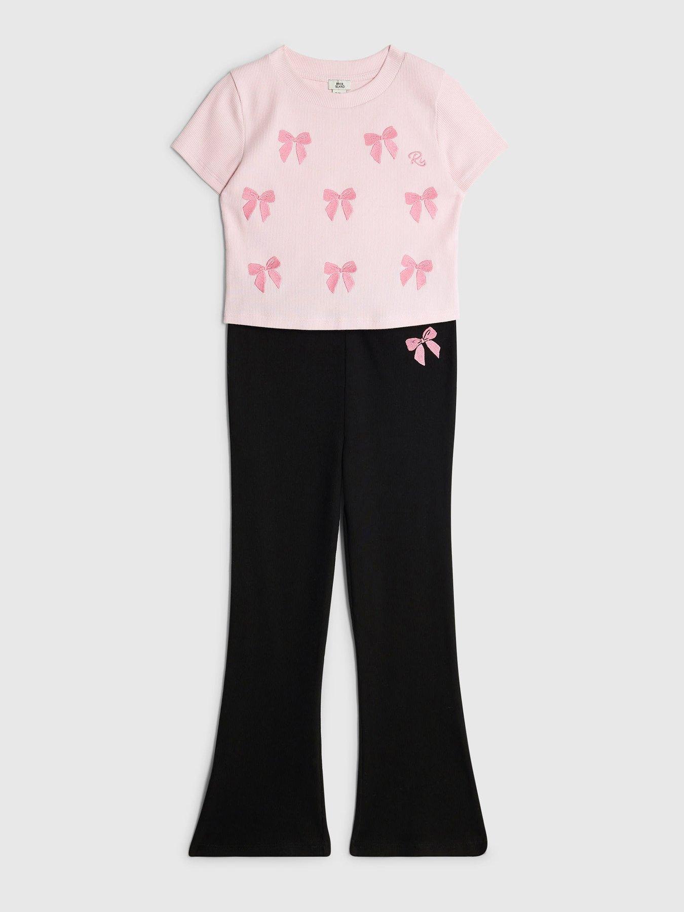 Image 3 of 5 of River Island Older Girls Bow Embroidered Legging Set - Pink