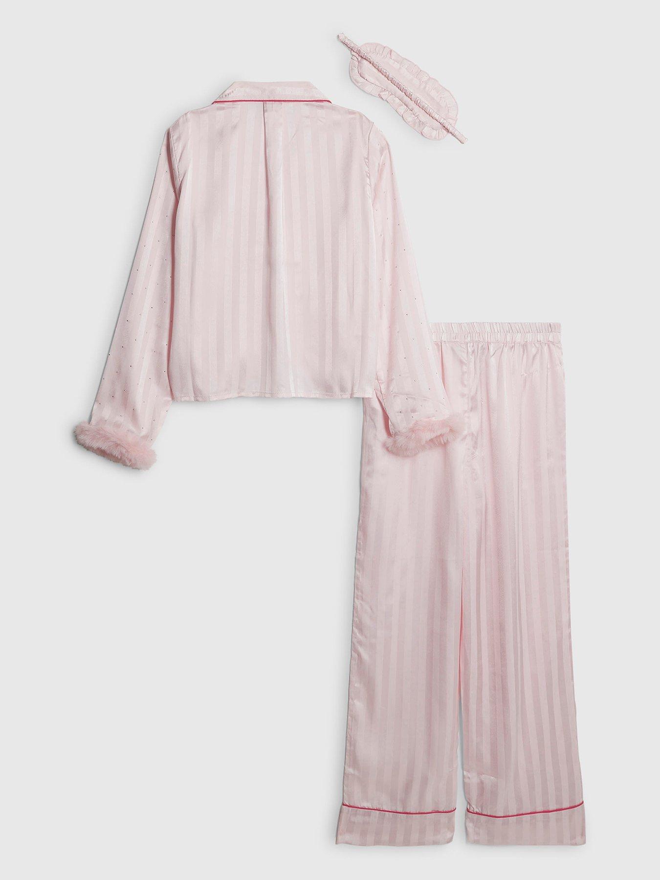 River Island Older Girls Hotfix Fur Cuff Satin Pyjamas - Pink | Littlewoods
