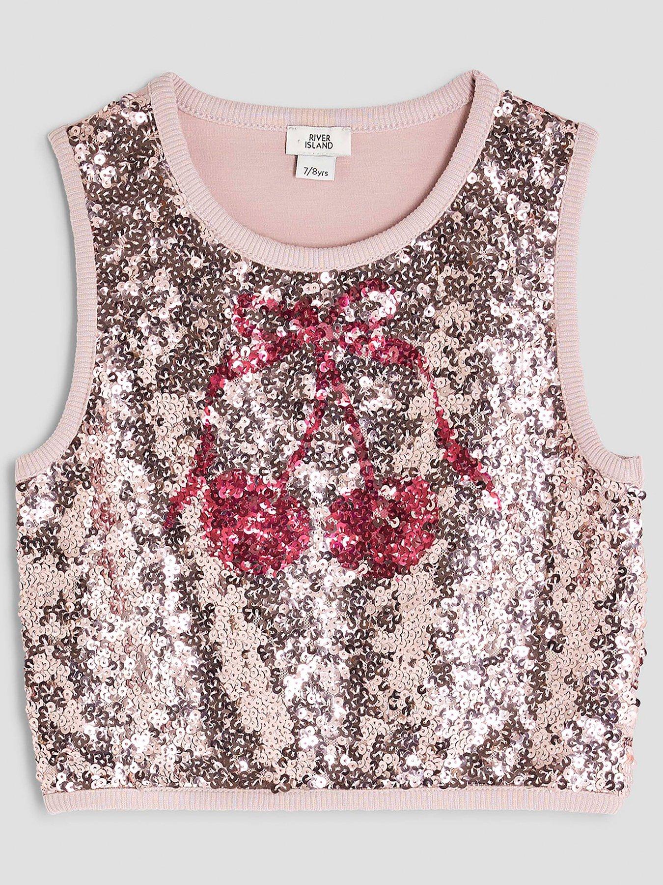 undefined Older Girls Cherry Sequin Tank Top - Pink