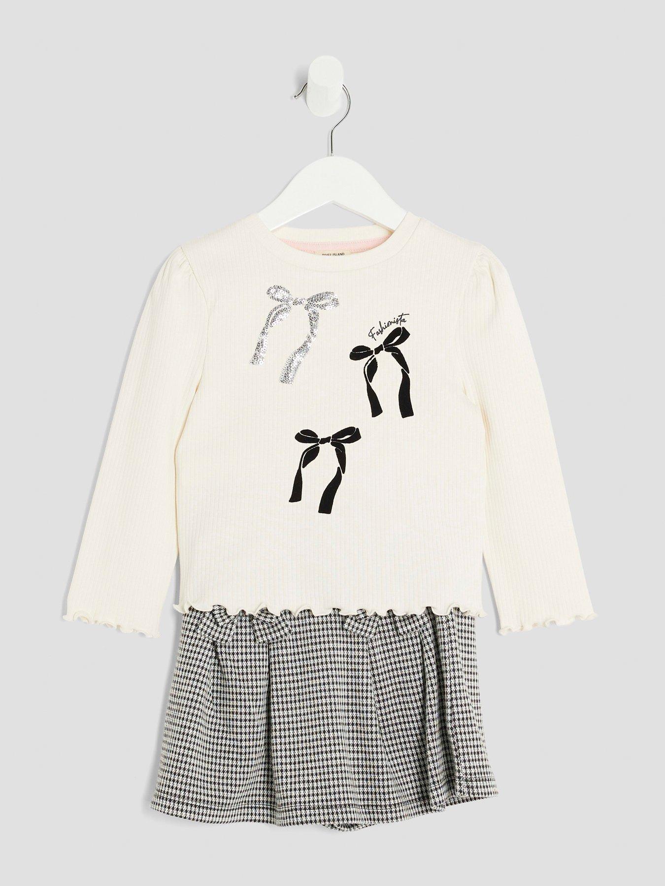  image of river-island-mini-girls-bow-gingham-skort-3-piece-set-cream