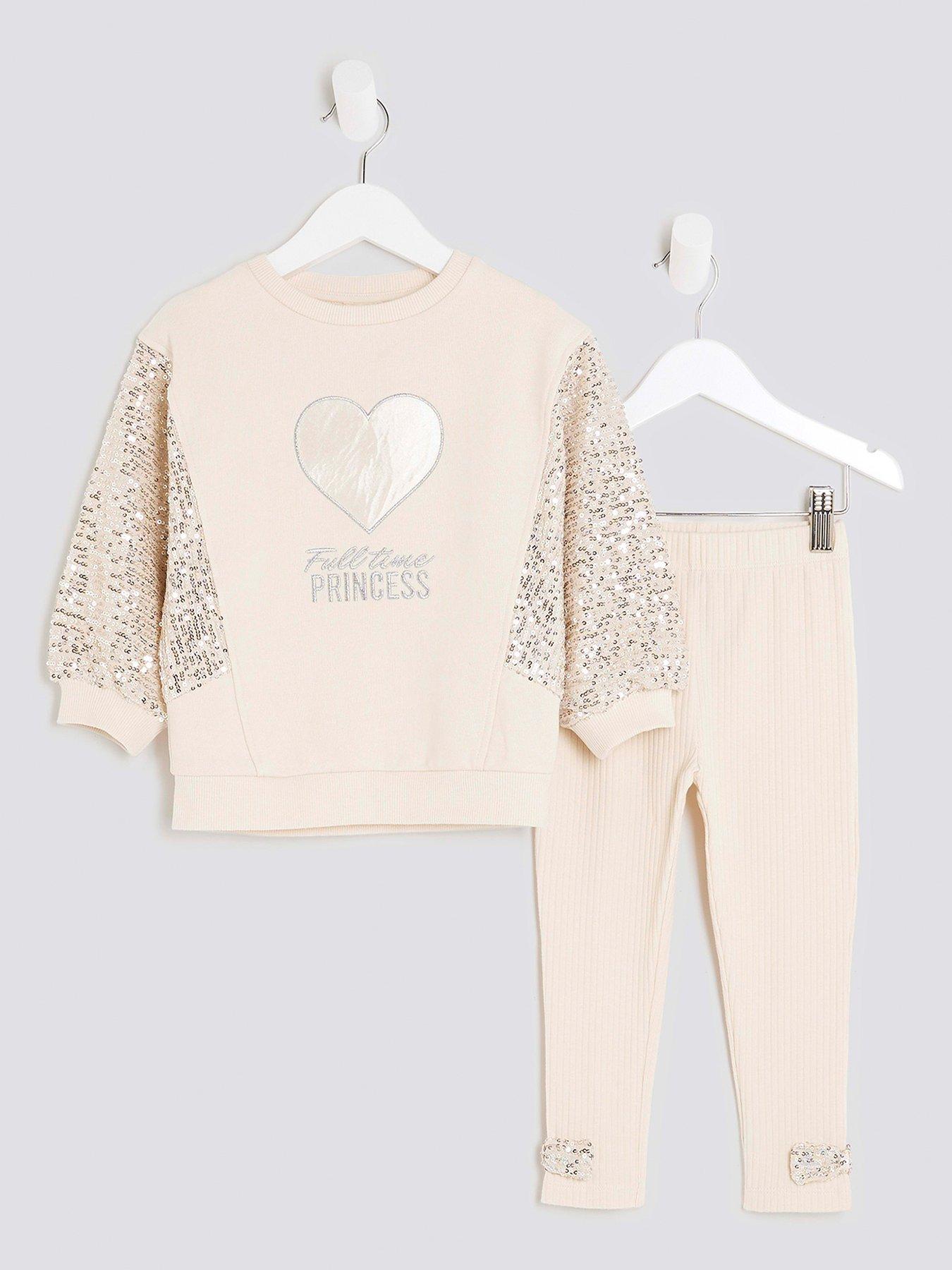 Image 1 of 4 of River Island Mini Girls Sequin Hybrid Sweatshirt Set - Beige - Cream