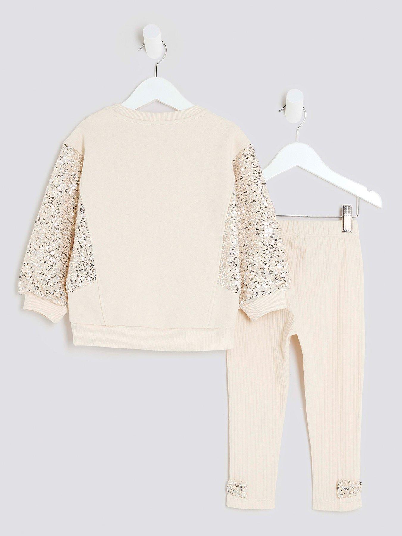 Image 2 of 4 of River Island Mini Girls Sequin Hybrid Sweatshirt Set - Beige - Cream