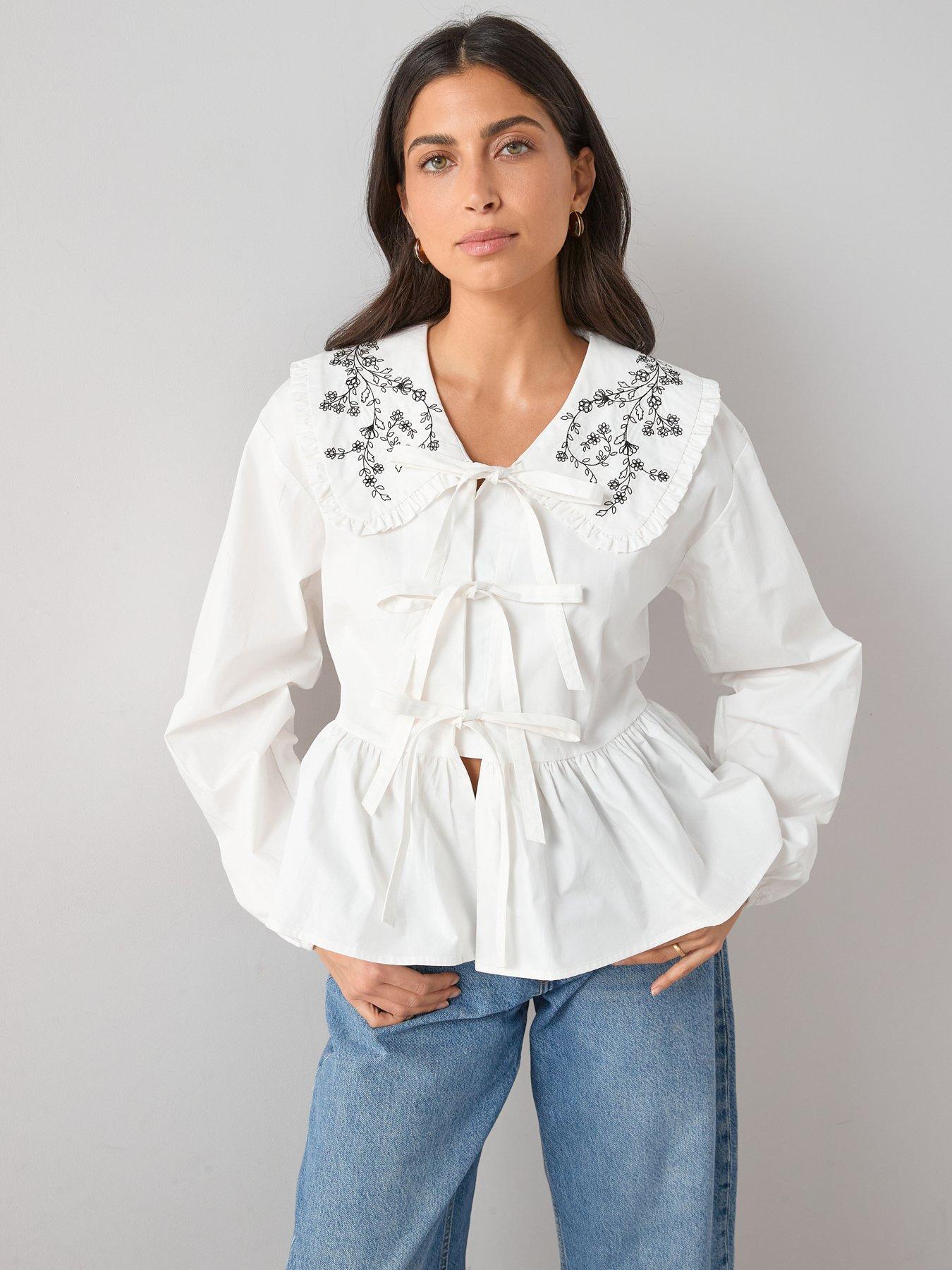 Image 1 of 6 of The Very Collection Embroidered Collar Blouse - White