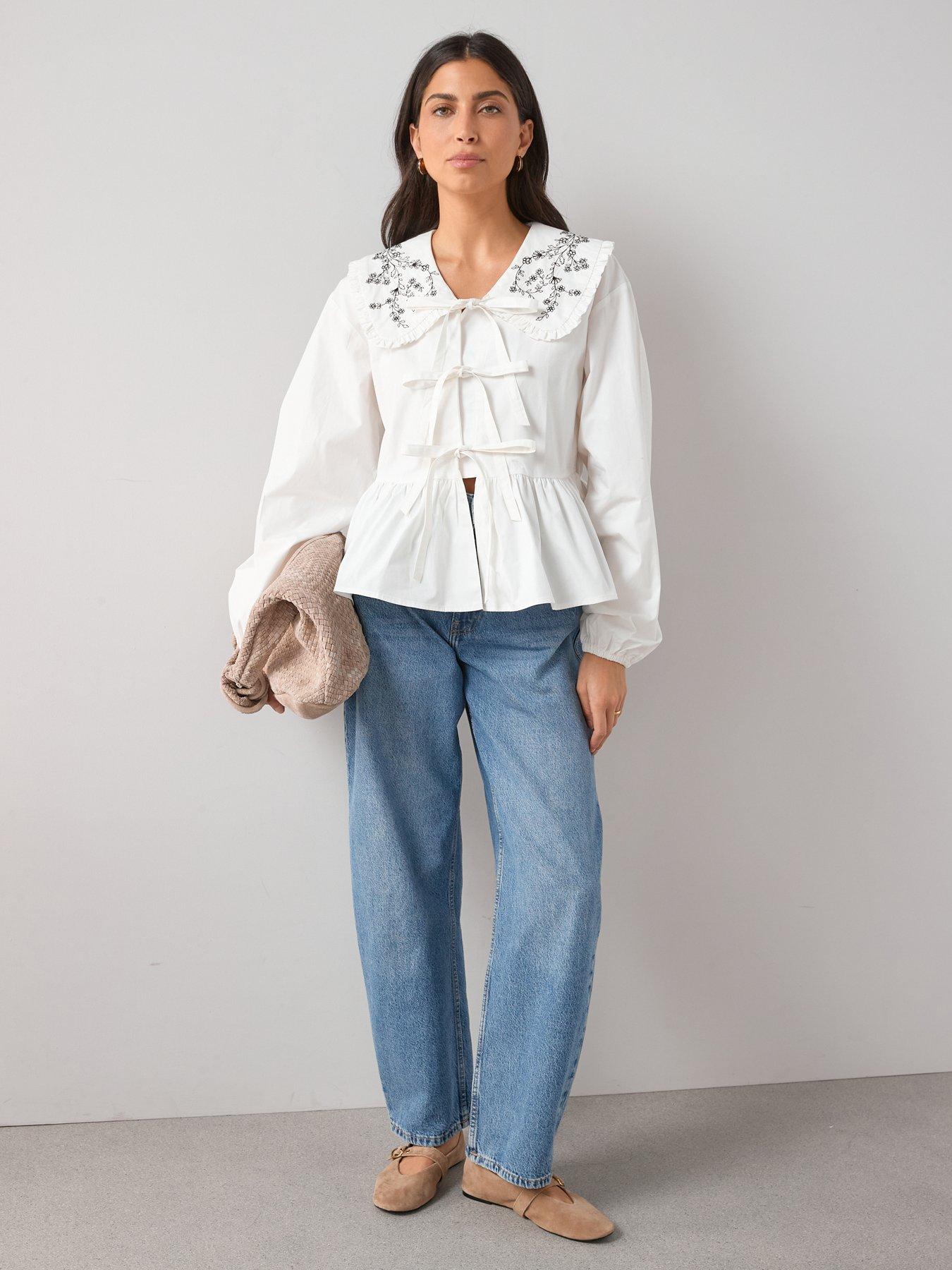 Image 3 of 6 of The Very Collection Embroidered Collar Blouse - White