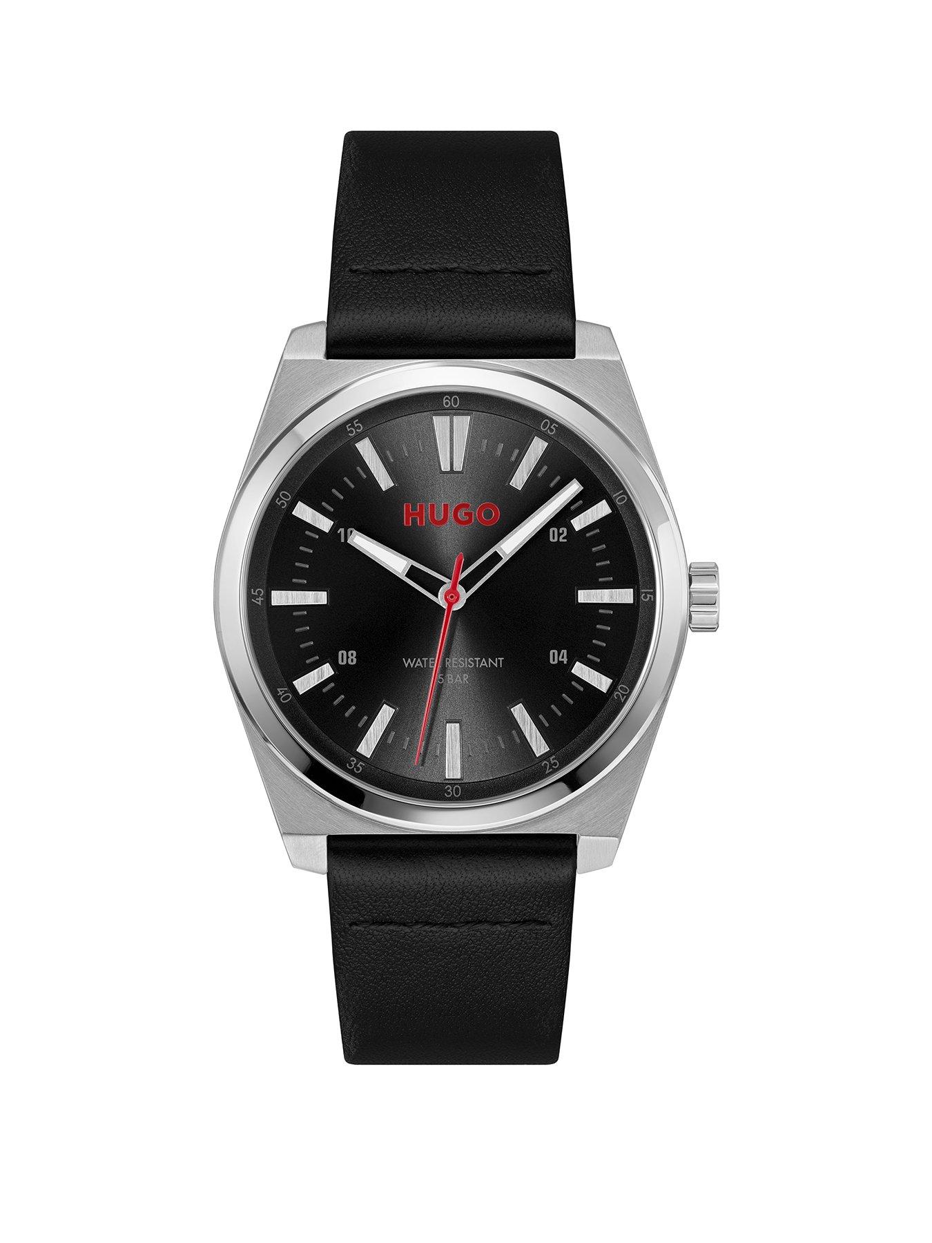  image of hugo-gents-hugo-ark-black-leather-strap-watch