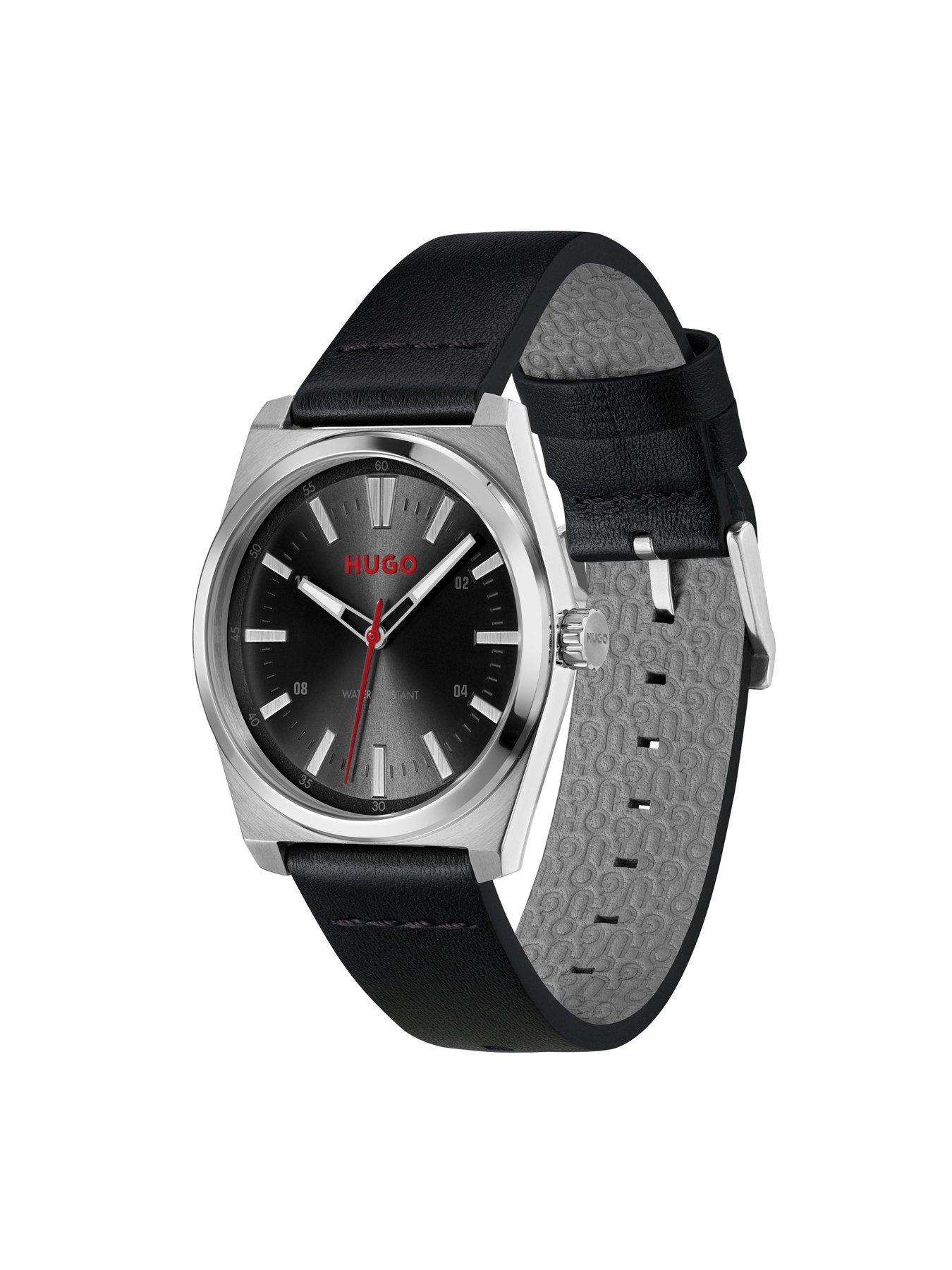  image of hugo-gents-hugo-ark-black-leather-strap-watch