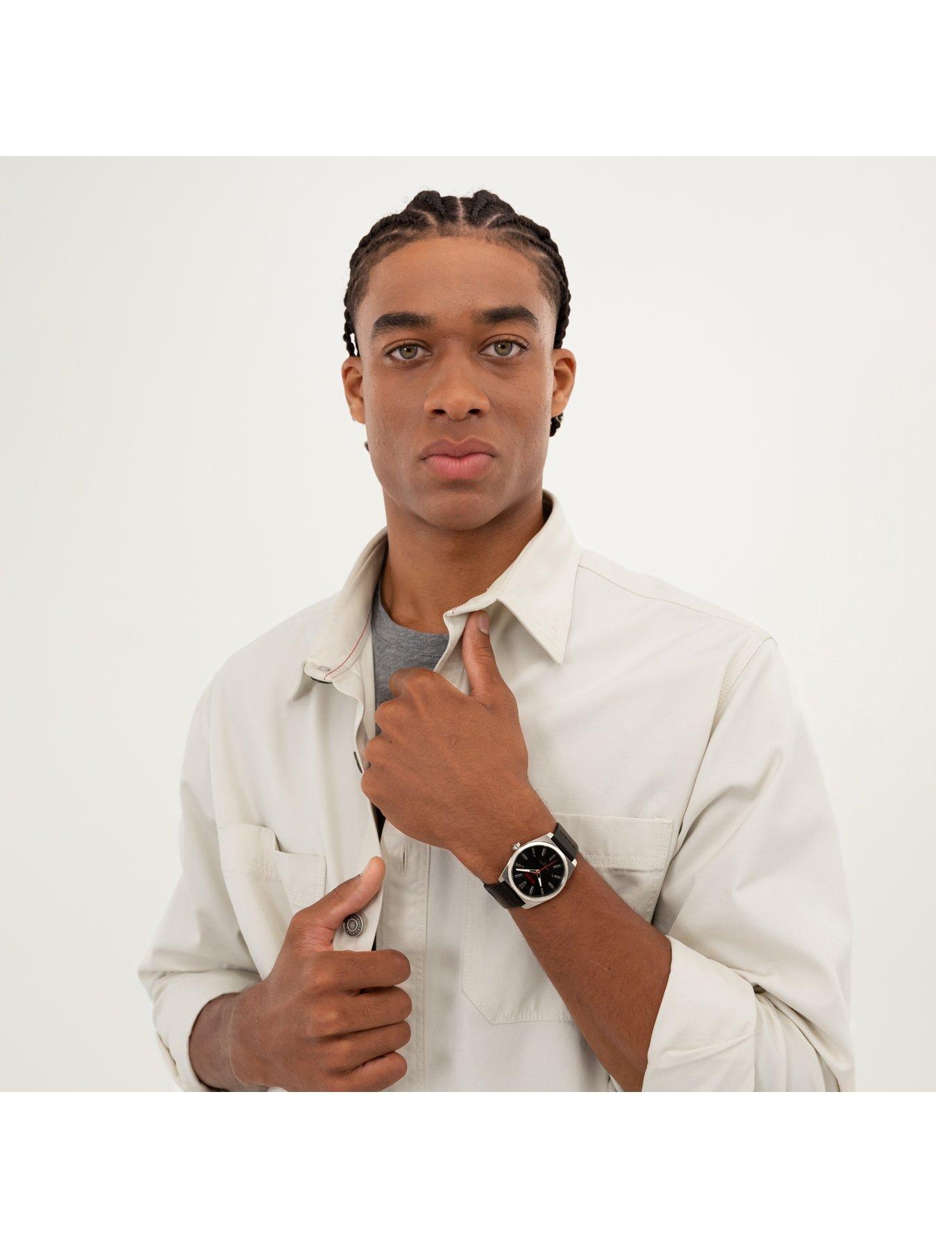  image of hugo-gents-hugo-ark-black-leather-strap-watch