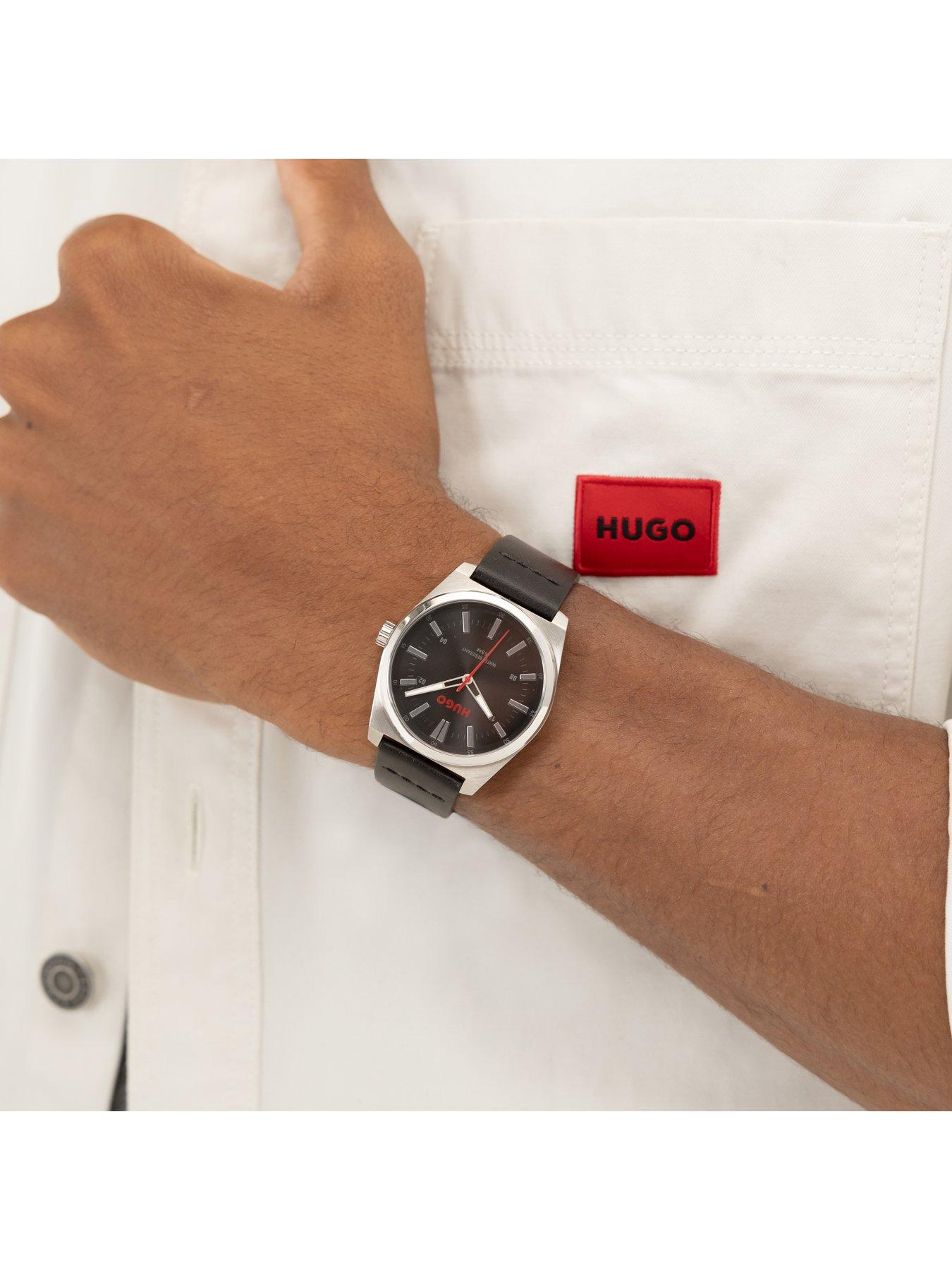  image of hugo-gents-hugo-ark-black-leather-strap-watch