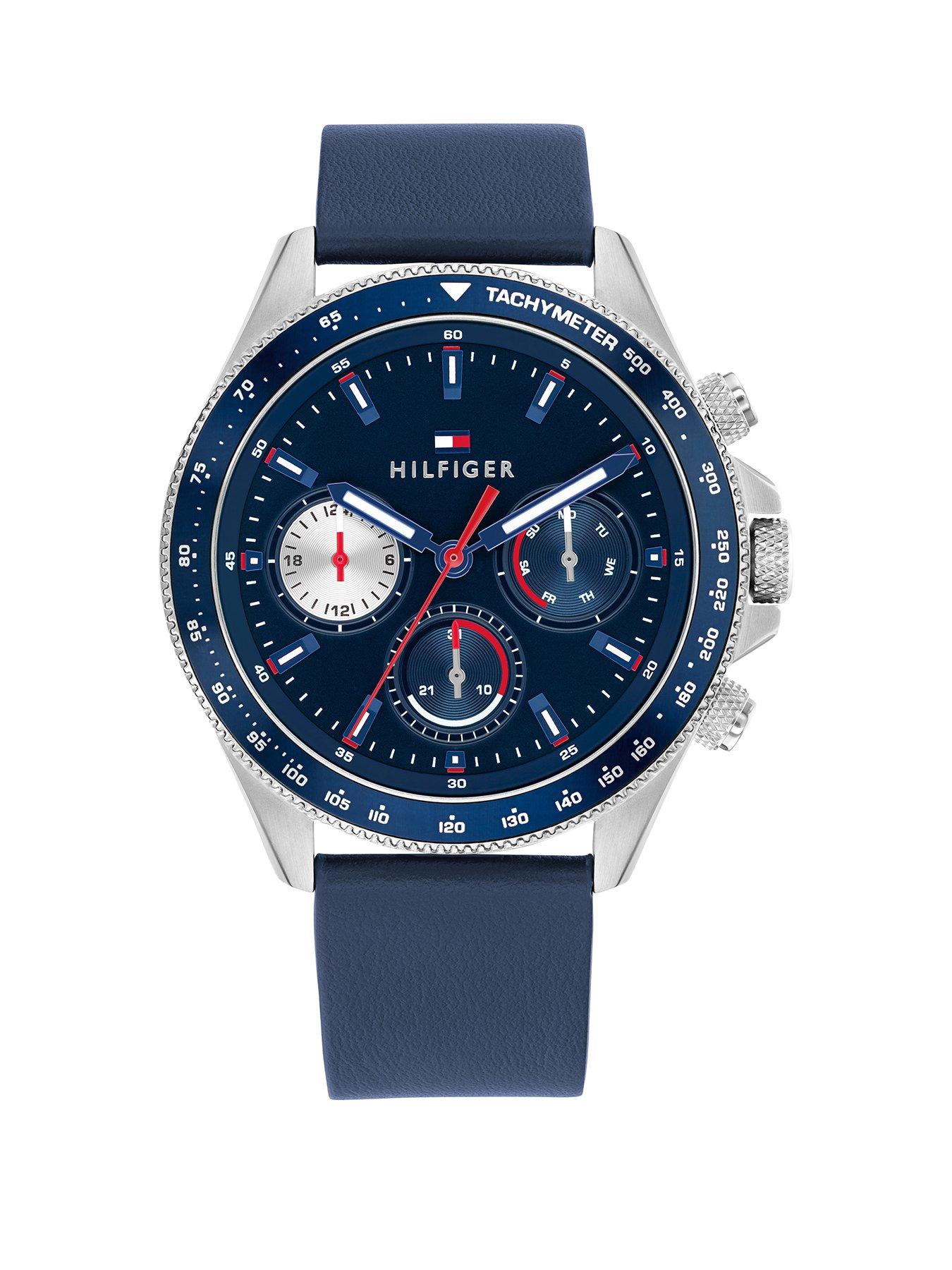 undefined Men's Navy Blue Leather Strap Watch